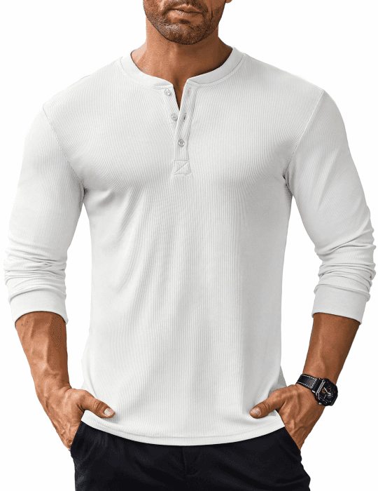 COOFANDY Langarmshirts für Herren Henley Shirt Longsleeve Tshirt mit Knopfleiste Langarm Shirt Long Sleeve T-Shirt Gerippt Henley Pullover L Weiß Angebot bei HelloDeals