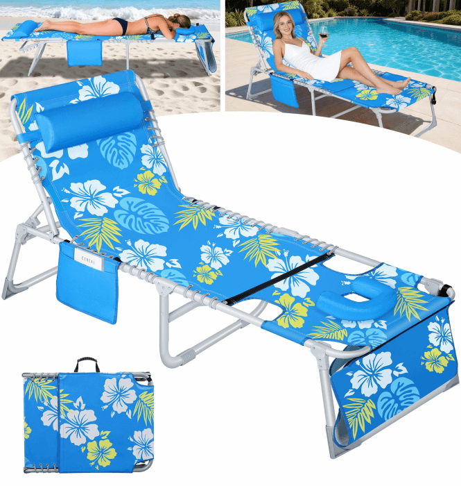 LanBlu Sonnenliege Klappbar mit Gesichtsöffnung, 3-in-1 Strandliege Klappbar Leicht Gartenliege mit Kissen&Seitentasche, 5-Fach Verstellbarer Rückenlehne Dreibeinliege Liegestuhl Strand Campingliege Angebot bei HelloDeals