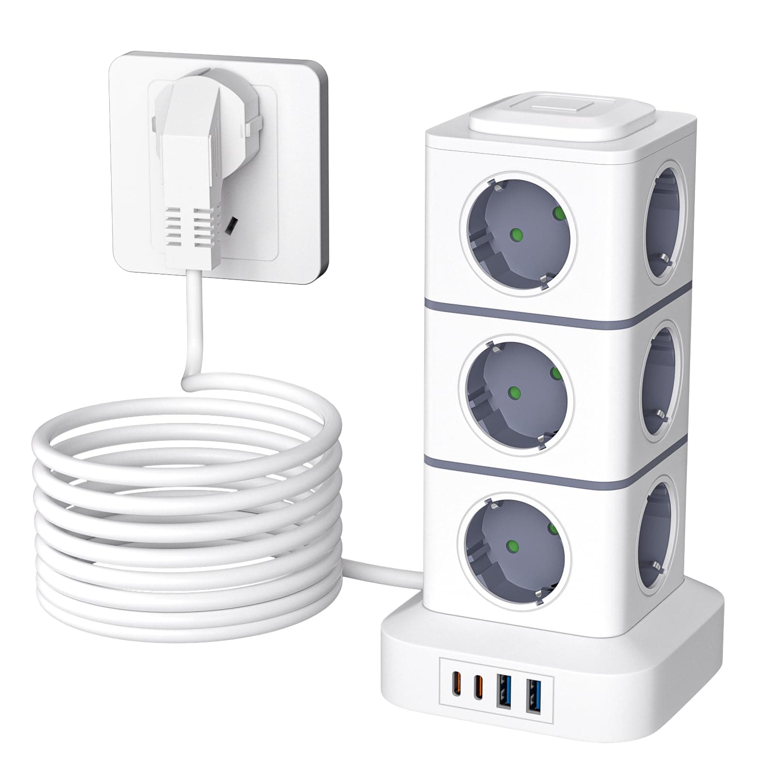 Steckdosenturm 12-Fach mit 2 USB-C & 2 USB, Mehrfachsteckdose | Steckdosenleiste Ideal für Büro Home Office und Gaming Setup mit 12 Steckdosen und 3Meter Kabel Weiß Angebot bei HelloDeals