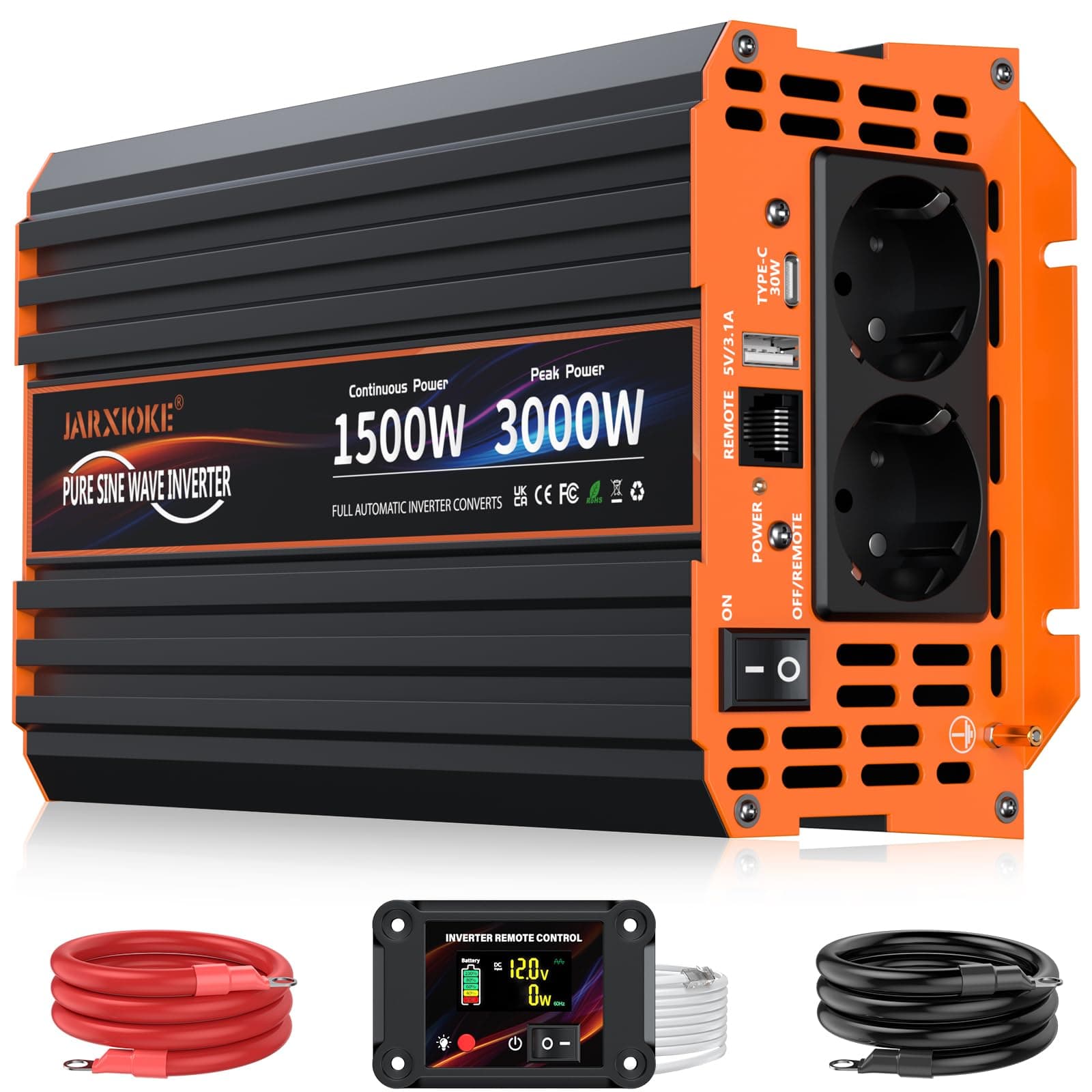 Wechselrichter 1500W Reiner Sinus Spannungswandler 12V auf 230V Power Inverter mit LCD Fernbedienung,USB Ports,Type-C Port,2 AC-Steckdosen für Solar,Fahrzeuge,Wohnmobil,Stromausfall,Reise 12V 1500W Angebot bei HelloDeals