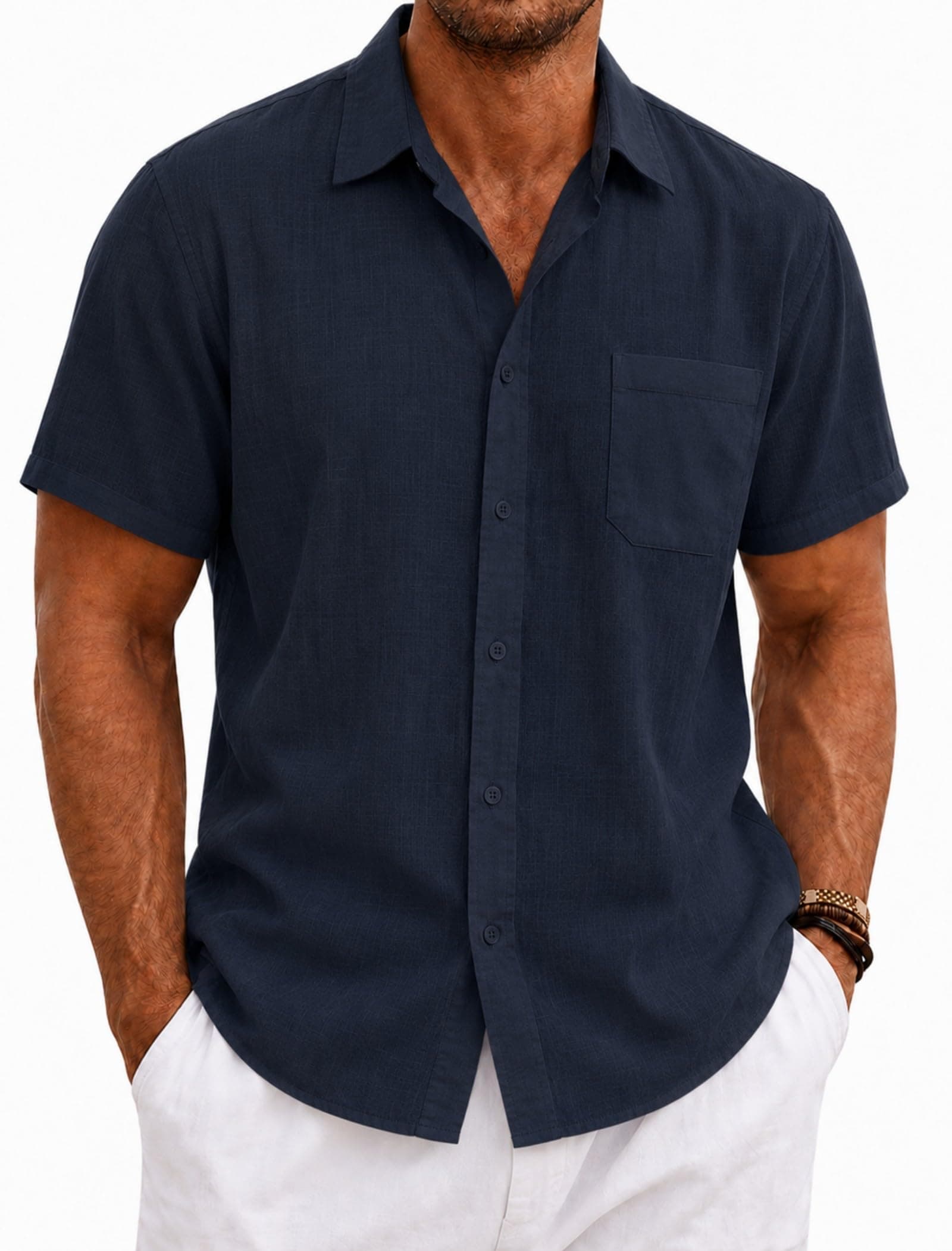 Leinenhemd Herren Kruzarm Baumwolle Leinen Hemden Freizeit Sommerhemd mit Tasche Casual Strandhemd S Navy Blau Angebot bei HelloDeals