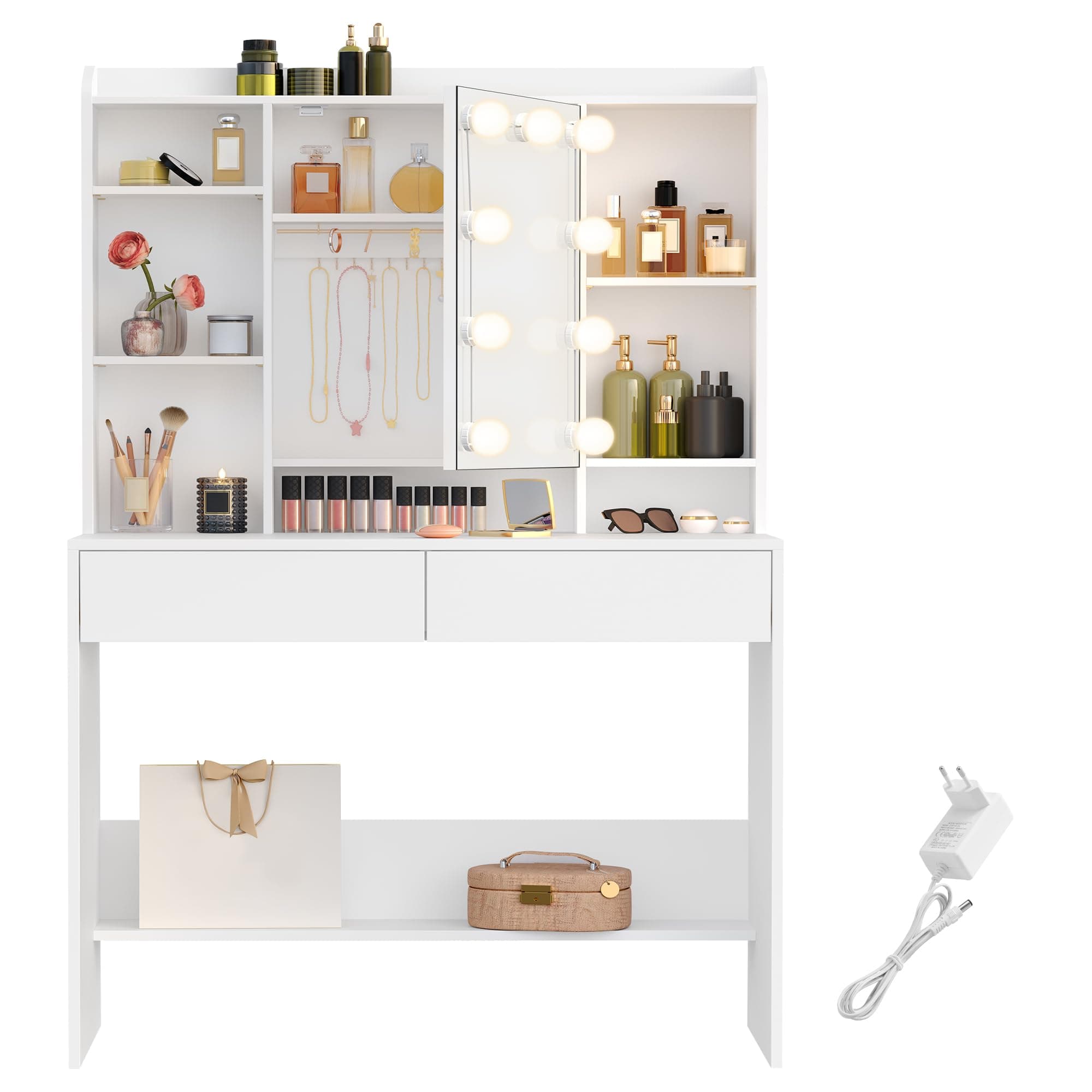 VASAGLE Schminktisch mit Beleuchtung, einstellbare Helligkeit, Frisiertisch mit Spiegel, Kosmetiktisch mit verstellbaren Ablagen, 2 Schubladen, modern, wolkenweiß RDT126W01 Weiß Glühbirne-Schminktisch Angebot bei HelloDeals