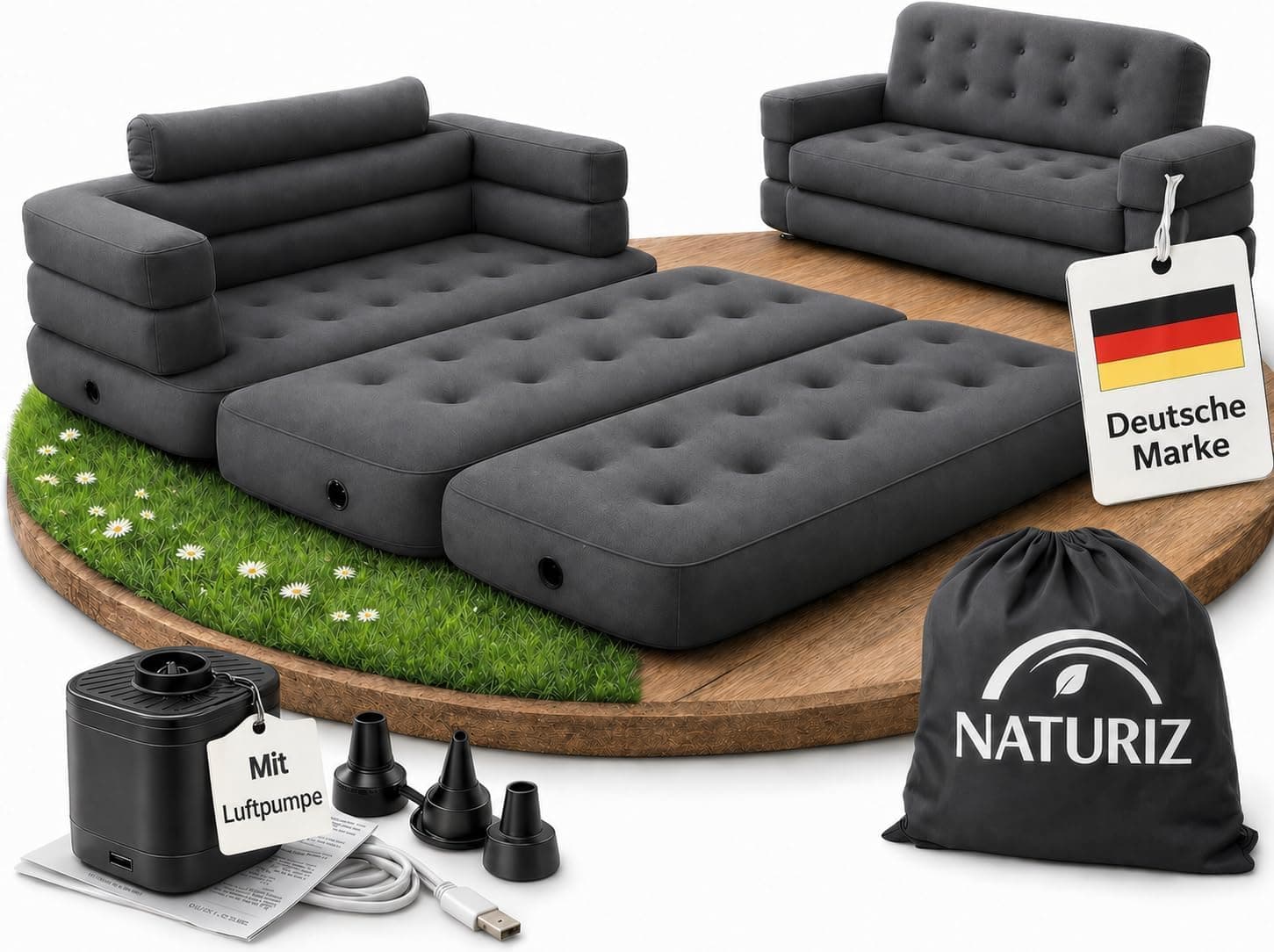 Naturiz® Pull Out Sofa 165x220cm - Camping Sofa mit Bettfunktion - Gästebett 2 Personen - Aufblasbares Sofa mit Tragetasche - kleines Mini Sofa, Mini Couch, Luftsofa (Grau, mit Pumpe) Grau mit Pumpe Angebot bei HelloDeals