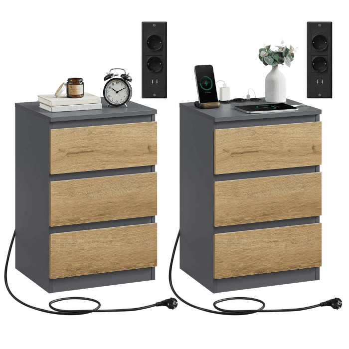VASAGLE Kailyn Kollektion - Nachttisch mit Steckdosenleiste, 2er Set, Beistelltisch, 3 Schubladen, 2 AC-Steckdosen, 2 USB-A-Anschlüsse, modern, schiefergrau-naturbraun LET831G01 2 Schiefergrau + Naturbraun Angebot bei HelloDeals