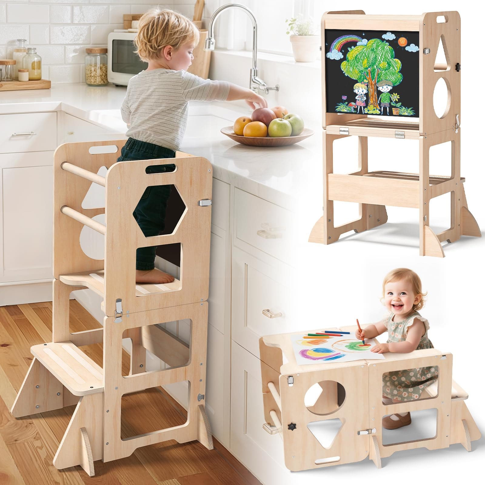 Woodure Lernturm ab 1 Jahr | 3 in 1 Learning Tower für Kinder | Klappbare Tritthocker mit Tafel | Lernturm Für Kinder, für Küche Tisch Bad X Angebot bei HelloDeals