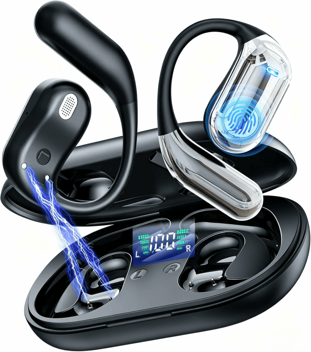 Open Ear Kopfhörer Bluetooth 6.1 KI 50 Std Sport Kopfhörer mit Bequem Flexiblem Ohrhaken 4 ENC Mic Doppel LED Ladebox 1std Schnellladung Open Ear Ohrhörer Smart Touch On Ear Sportkopfhörer für Laufen Schwarz Angebot bei HelloDeals