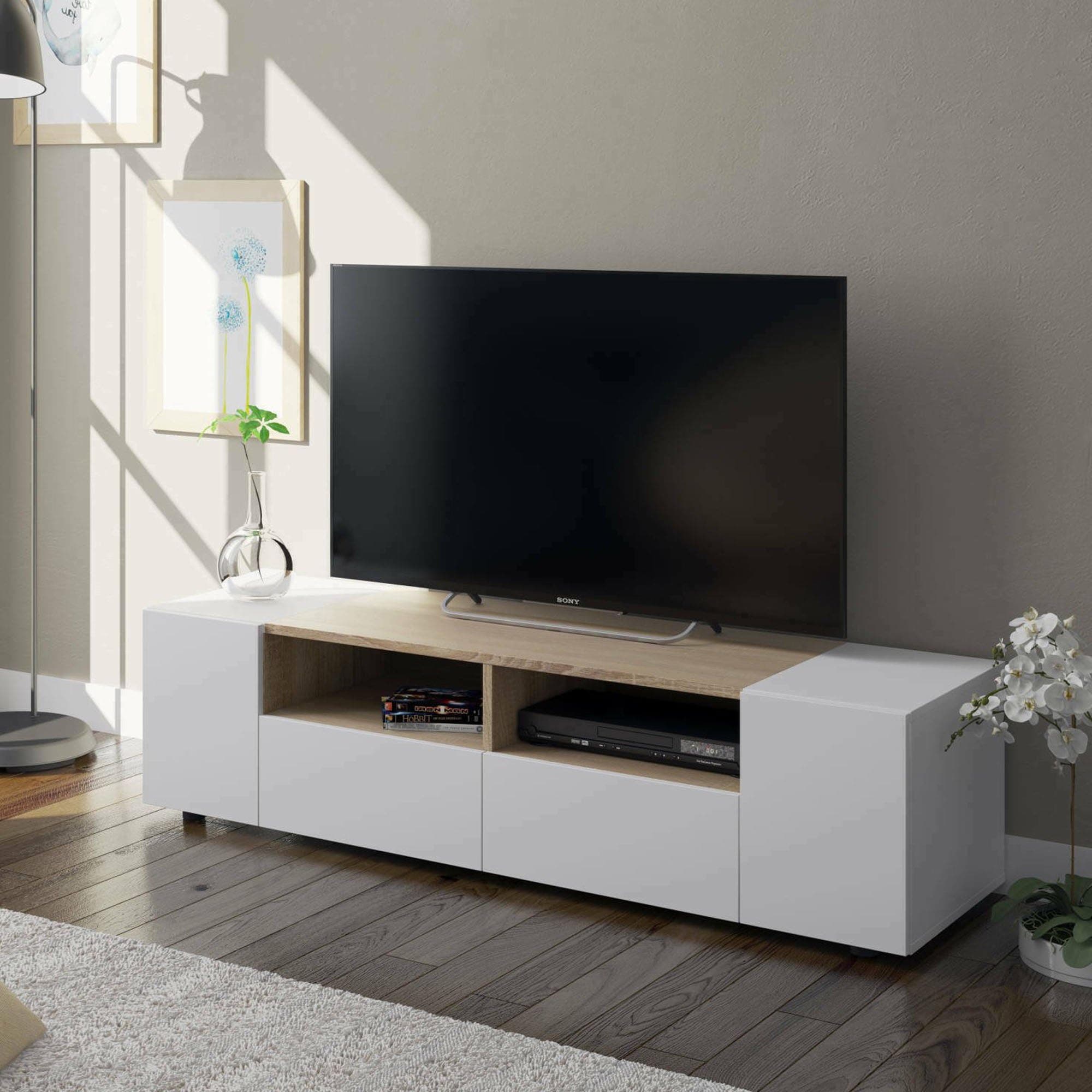 Dmora - Topeka TV-Ständer, Fernseh-Sideboard für das Wohnzimmer, moderner TV-Ständer, niedriges Mehrzweck-Sideboard, 138 x 42 x 36 cm, Weiß und Eiche 400 Angebot bei HelloDeals