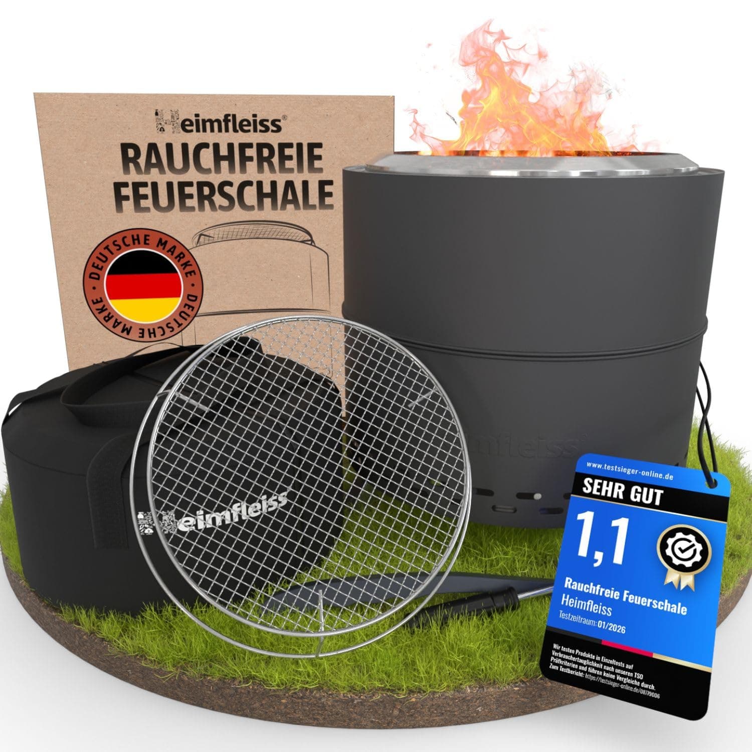 Heimfleiss® Rauchfreie Feuerschale Edelstahl Ø50cm | Feuerkorb mit Grillrost | Feuerschale Rauchfrei für Garten, Camping, Balkon & Terrasse | Rauchfreie Feuerstelle mit Grill | Feuertonne ohne Rauch Ø 50 cm Schwarz Angebot bei HelloDeals