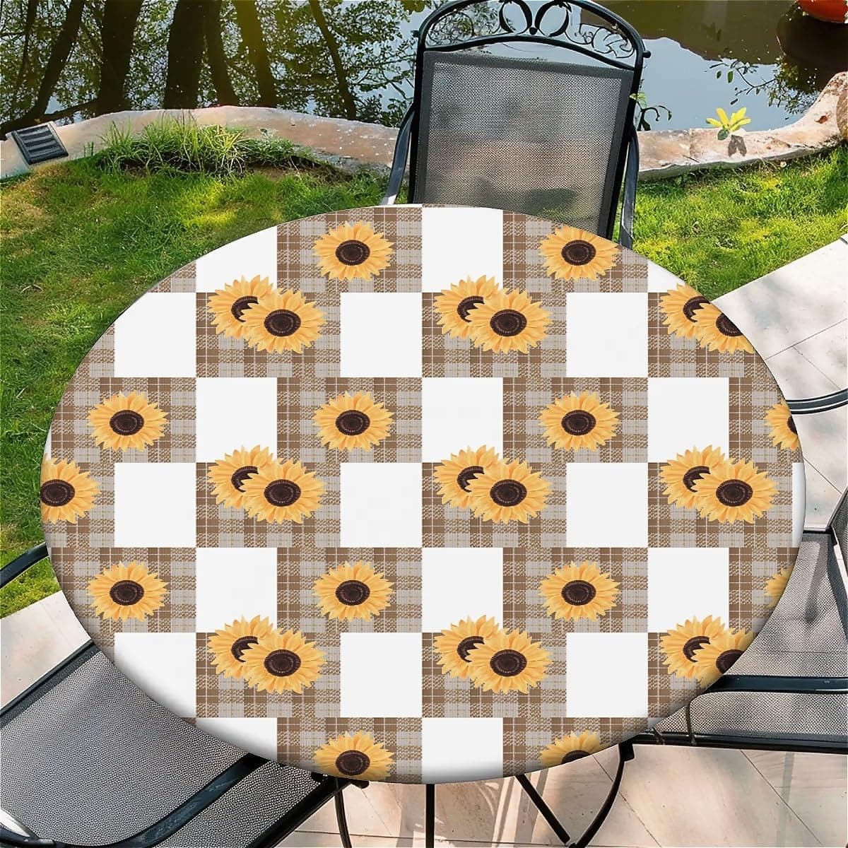 Outdoor Runde Tischdecke mit Gummizug Ø 36in(90cm)- Elastisch Garten tischdecke mitGestreifte Sonnenblumen Muster Passend für 75-85cm Gestreifte Sonnenblumen 90 cm (Rund) Angebot bei HelloDeals