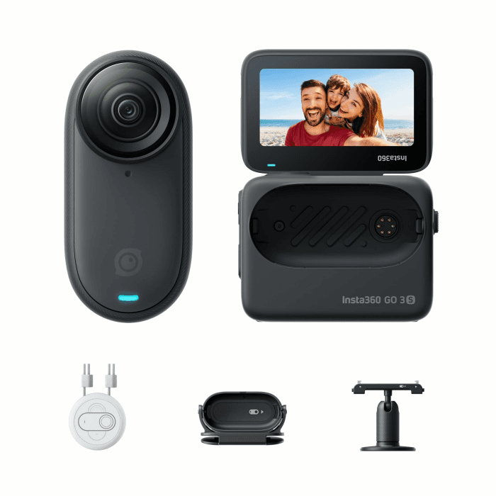 Insta360 GO 3S 128 GB- Tragbare 4K Mini Vlog Kamera, Freihand-POVs, überall anbringbar, Stabilisierung, 140 min Akku, 10 m wasserdicht, KI-Bearbeitung, Apple Find My, für Vlogs, Reisen, Haustier-POVs Schwarz Standard Bundle (128GB) Angebot bei HelloDeals