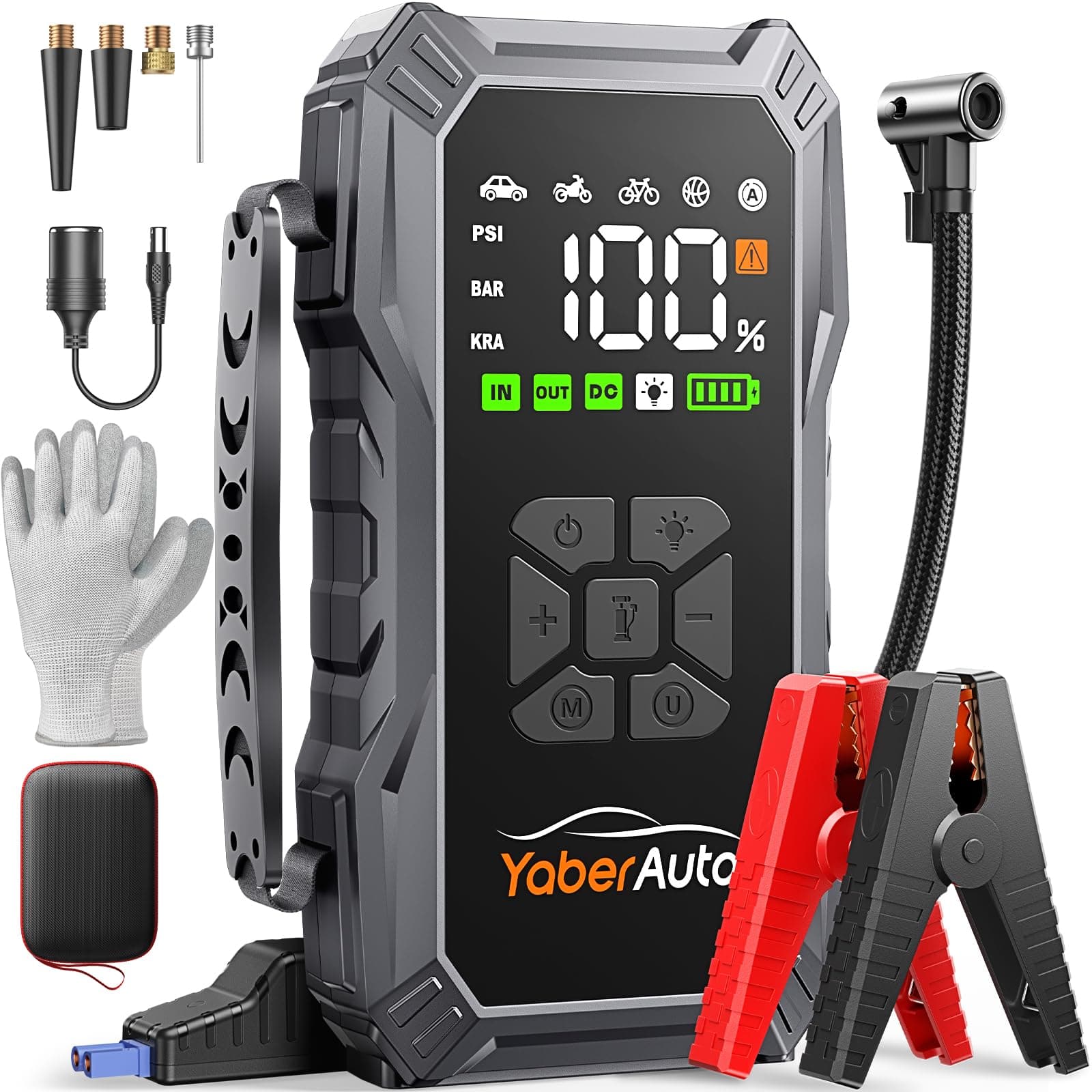 YaberAuto Starthilfe Powerbank mit Kompressor, 150PSI 6000A Auto Starthilfe, 23800mAh Starthilfe Powerbank, Jump Starter (All Benzin und 10.0L Dieselmotor) mit LCD Bildschirm und 500 Lumen Notlicht Angebot bei HelloDeals