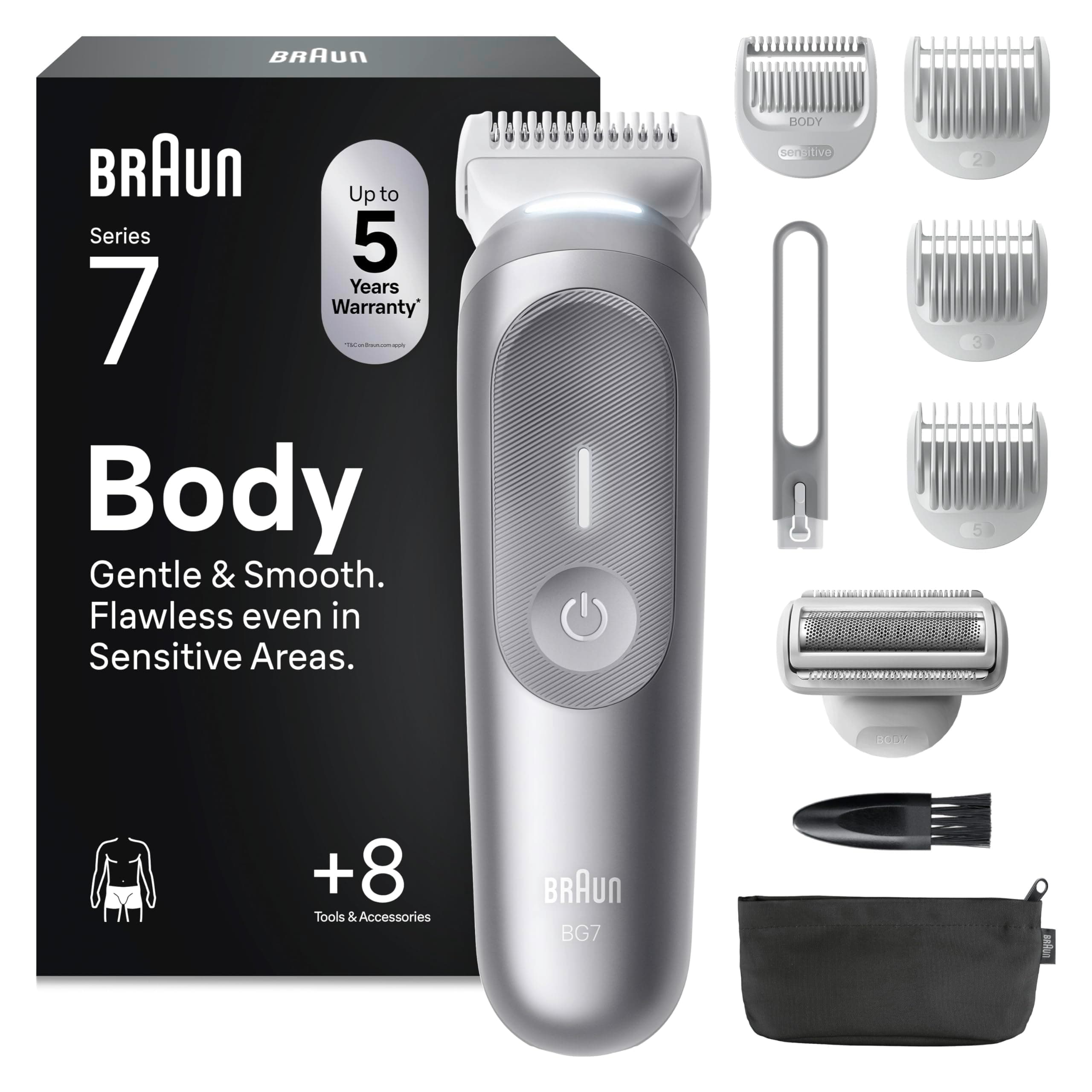 Braun Bodygroomer Series 7, Kabelloser Körperrasierer Herren, BG7555, Grau - Trimmer für Intimbereich und Körper, Körperhaartrimmer mit 100 Min. Akku, Wasserdicht, Inkl. 8 Zubehörteile Und Etui + 8 Aufsätze Angebot bei HelloDeals