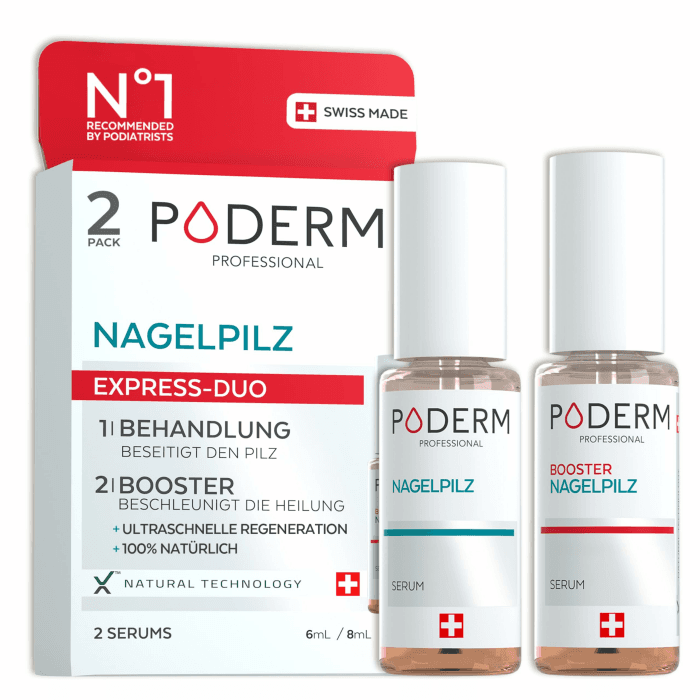 PODERM 2 in 1 Fuß-Nägelpilz-Behandlung Duo-Pack – Serum & Booster | Starke und Schnelle Antimykotische Pflege für Gelbe, Brüchige und Geschädigte Nägel | Entwickelt von einem Podologen in der Schweiz Angebot bei HelloDeals