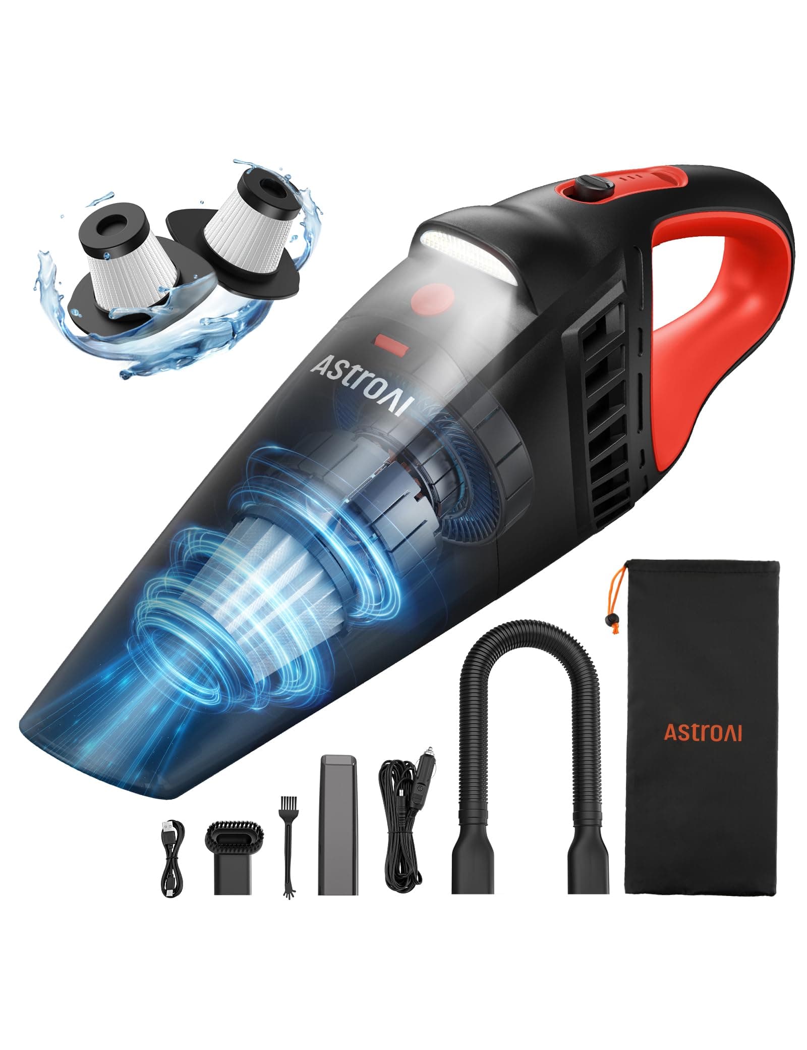 AstroAI Handstaubsauger Akku mit Zubehör, Kabelloser Autostaubsauger Stark mit LED, Bürste, Verlängerungsrohr und Schlauch, Mini-Handstaubsauger für Auto, Zuhause, Büro und Tierhaare, Rot Angebot bei HelloDeals
