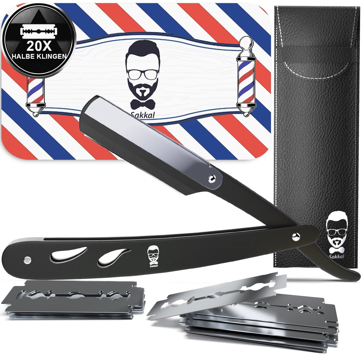 Rasiermesser Barber set 20 Halbe Klingen Etui Leder Reise SAKKAL |Rasierer Friseur Herren Handbart Barber Professional Kit Classic Handpflege Precision Friseurmechanik bartschablonen (Schwarz) Angebot bei HelloDeals