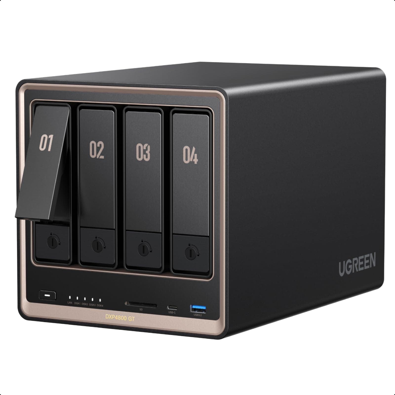 UGREEN NASync DXP4800GT 4-Bay Desktop NAS, AMD Ryzen R2514, Dual 10GbE, 8GB DDR4 RAM (bis 64GB), ECC-Support, U.2 & M.2 Slots, integrierte 128GB SSD, für Creator, Teams & Zuhause, Diskless Angebot bei HelloDeals