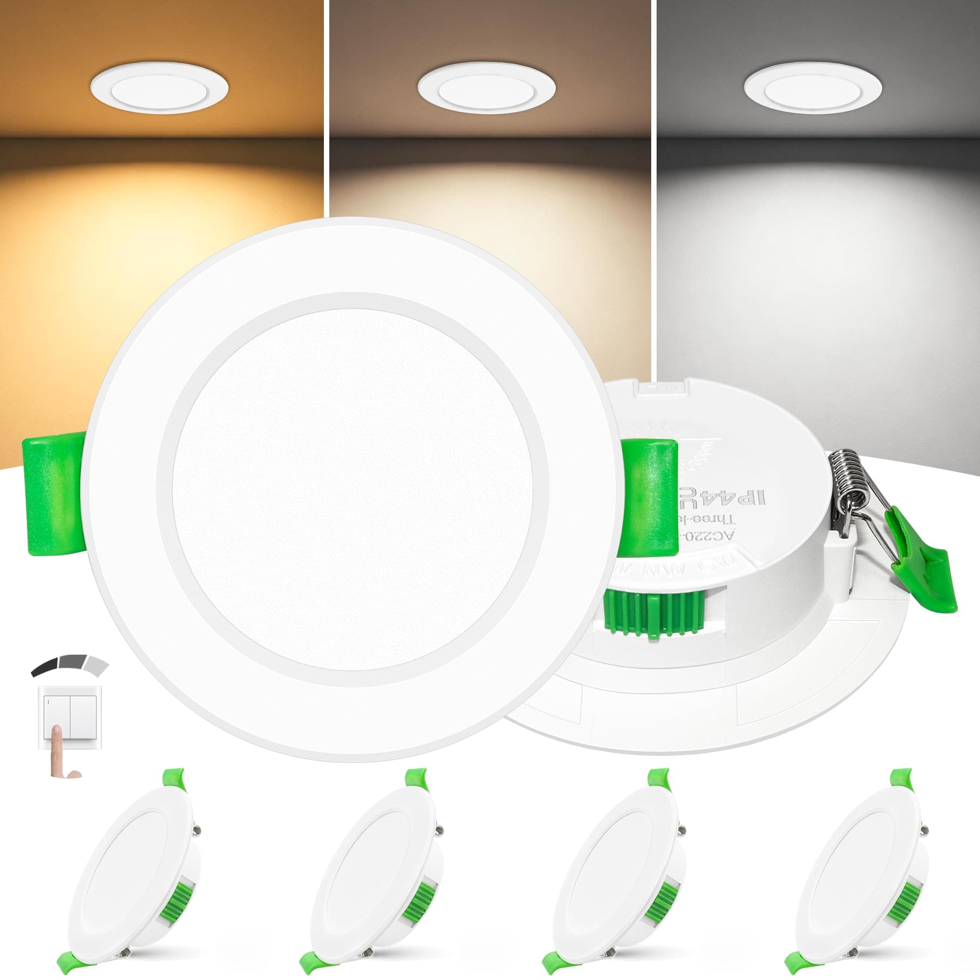 LED Einbaustrahler 230V 4er Set, Ultra Flach 25mm Einbauleuchten, 55–68mm Lochmaß, 6W 600LM, Warmweiß Neutralweiß Kaltweiß, 3-Stufen Dimmbar, IP44 LED Spots für Bad, Küche & Wohnzimmer, Weiß 4 Stück Weiß Angebot bei HelloDeals