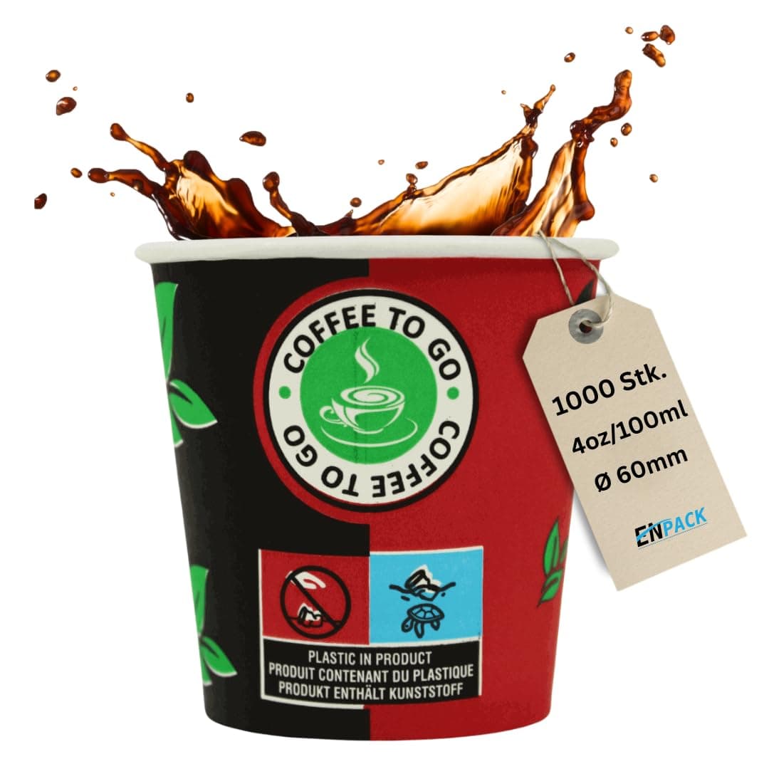 Enpack 1000 Espressobecher - 120ml/4oz - Einwegbecher - Hitzebeständige To Go Becher - Recycelbar Einwegbehälter für Kaffee/Tee/Kakao - Getränkebecher für Espresso 4oz/100ml, Schwarz/Rot Angebot bei HelloDeals