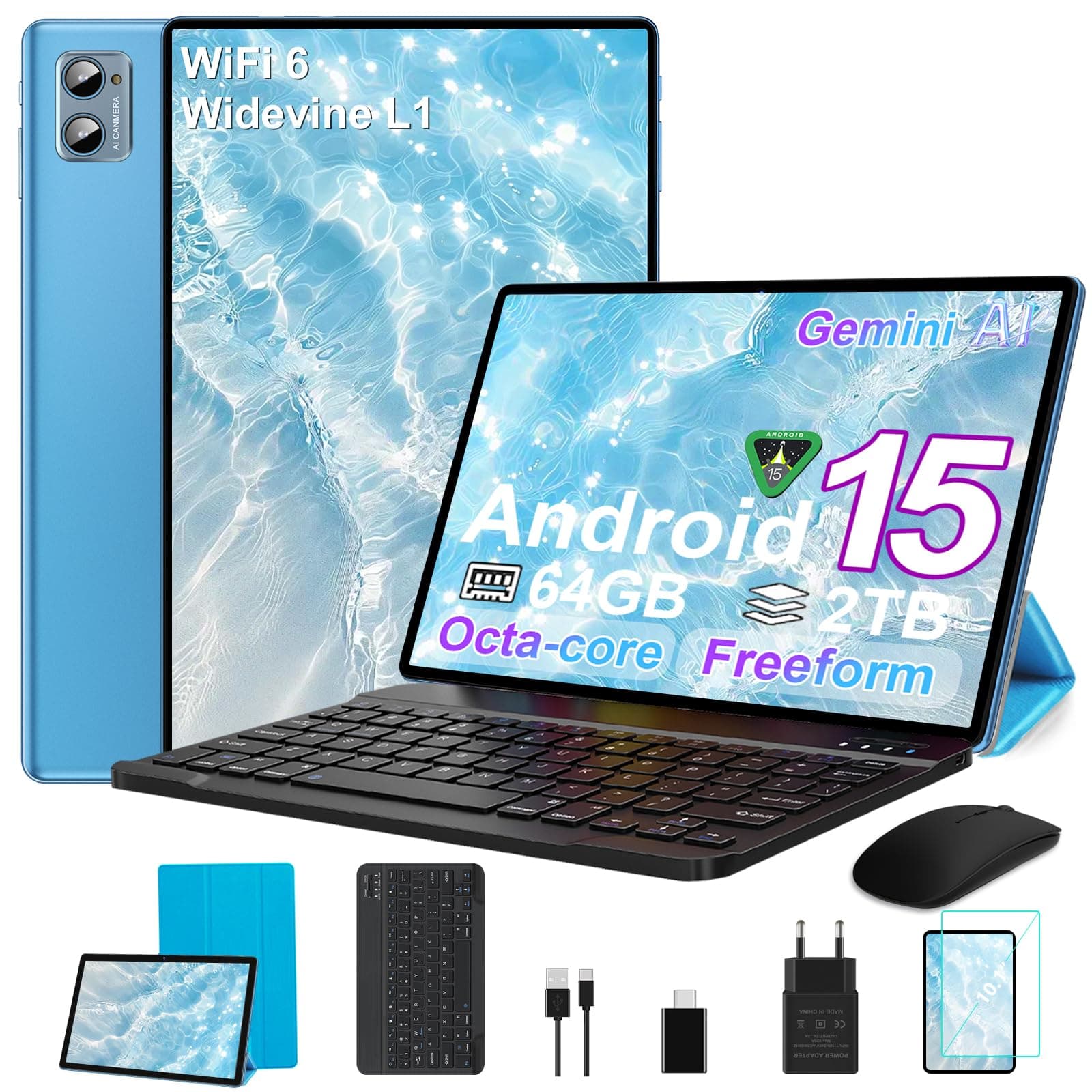 2026 Tablet 10 Zoll Android 15 Octa Core mit 64 GB ROM + 2 TB TF | 5G + 2,4G WLAN | FHD | GMS | Bluetooth 5.0 | 8 MP + 5 MP | Typ C, Tablet-Touch mit Hülle, Tastatur und Maus – Blau S3 Blau 10 Zoll Angebot bei HelloDeals