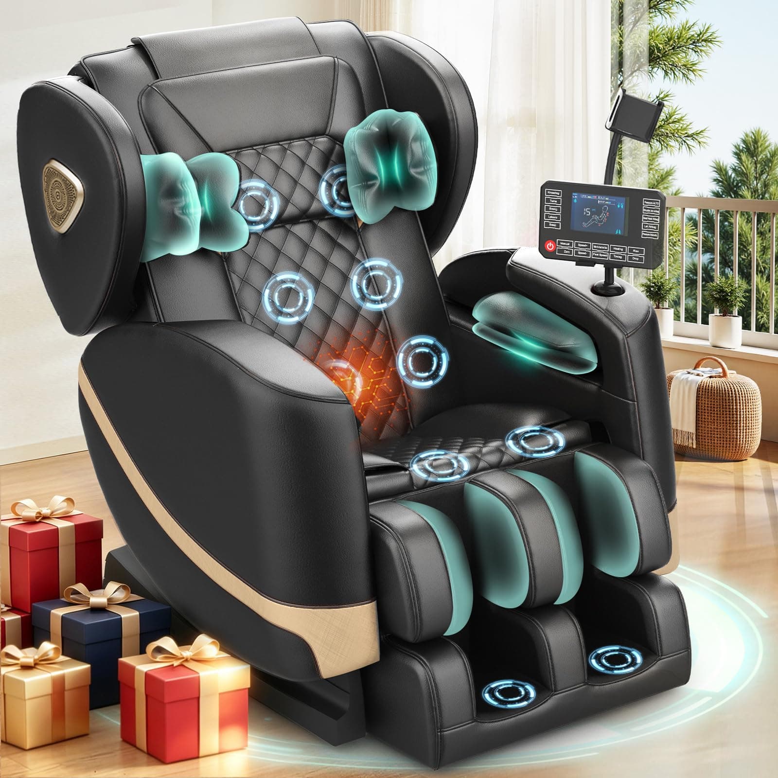 F FURNIMAT Massagesessel, Ganzkörper-Massagestuhl mit 14 Rollen, 8 Komfort-Luftkissen & Zero Gravity– Bluetooth Lautsprecher, Touchscreen, Handyhülter, Wärme für Lenden und Beine Schwarz Angebot bei HelloDeals