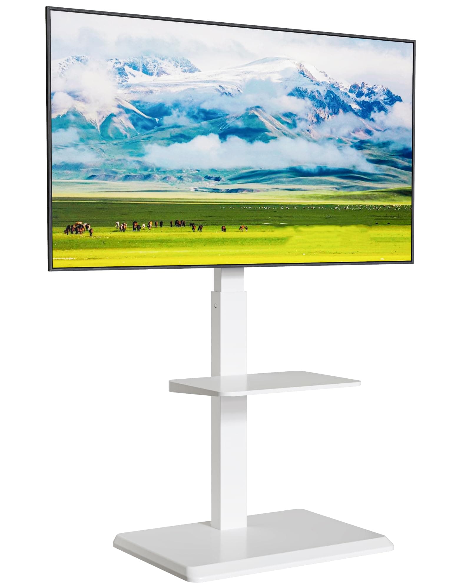 TV Ständer aus Stahl für 37-75 Zoll Fernseher bis zu 50kg, TV Standfuß mit 2 Stufigen Ablagen, Fernsehständer Höhenverstellbar Schwenkbar Neigbar, TV Bodenständer Max. VESA 600x400mm (Weiß) Weiß Ohne Rollen Angebot bei HelloDeals