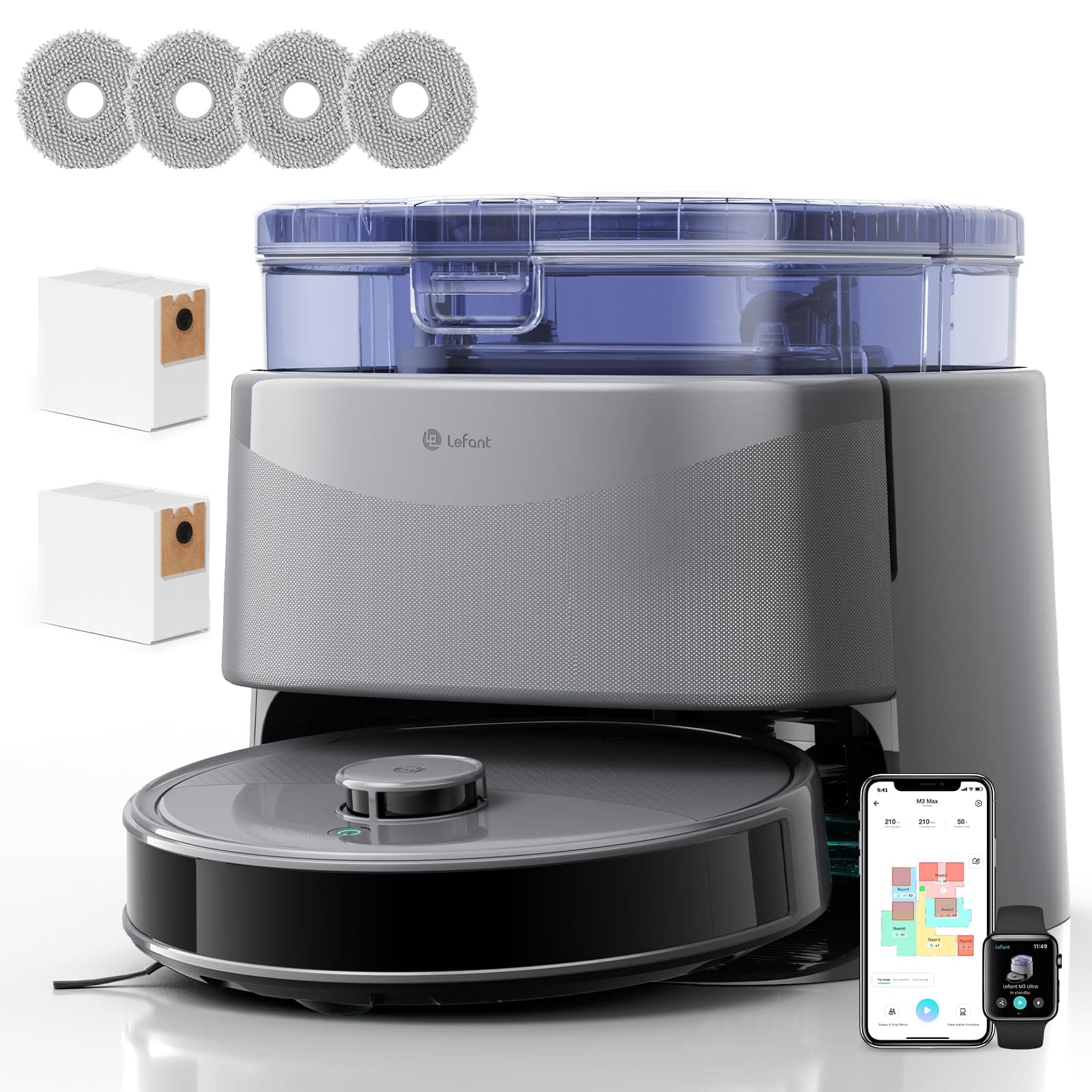 Lefant M3 Ultra Staubsaugerroboter, 23000 Pa Saugkraft, 3,2 L automatische Staubentleerung,360° dToF-Laser, PSD-Hindernisvermeidung, Kartenerstellung, WiFi 2,4G/5G, Alexa/App,Grau Vulkanschwarz Angebot bei HelloDeals