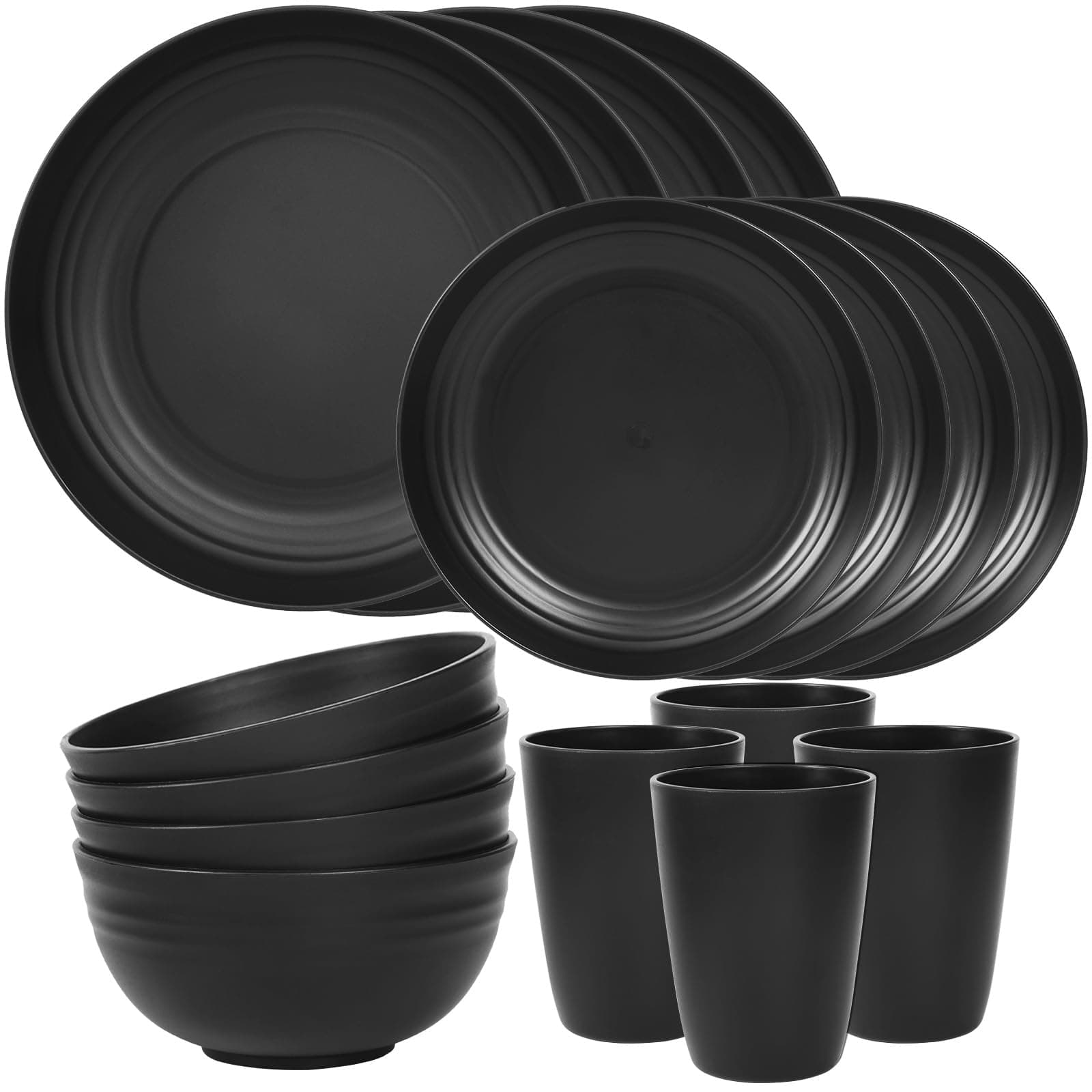 Quatish Kunststoff Geschirrset aus PP, Unzerbrechliches Camping Geschirr Set für 4 Personen, 16PCS Wiederverwendbare Tafel-Set für Kinder und Erwachsene, Geschirrspüler Mikrowelle Sicher, Schwarz Schwarz Service für 4 Angebot bei HelloDeals