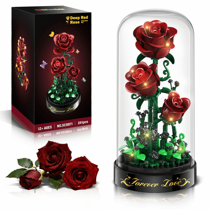 HiWEEGO Blumen Rosen Bausatz mit LED Licht, 241 Teile Burgunderrot Rosenstrauß, 3.6MM Blumenstrauß Baustein Spielzeug, Botanische Kollektion Ostergeschenk für Mädchen Erwachsene und Frauen (Burgund) Angebot bei HelloDeals