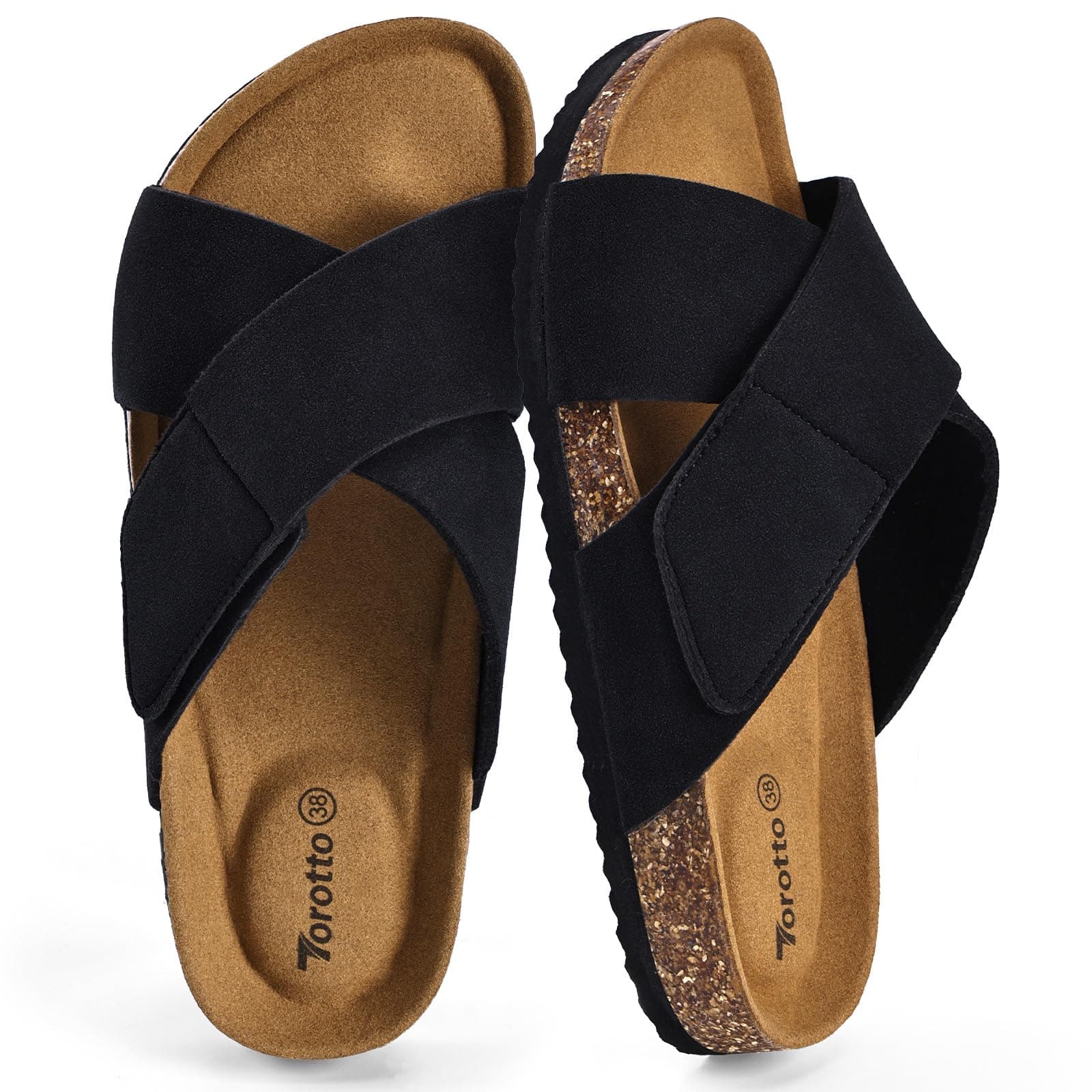 Torotto Damen Pantoletten mit Kork-Fußbett und verstellbarem Riemen - Bequeme Hausschuhe für Indoor und Outdoor - Weiches Obermaterial mit Gummisohle 40 EU Schwarz Angebot bei HelloDeals