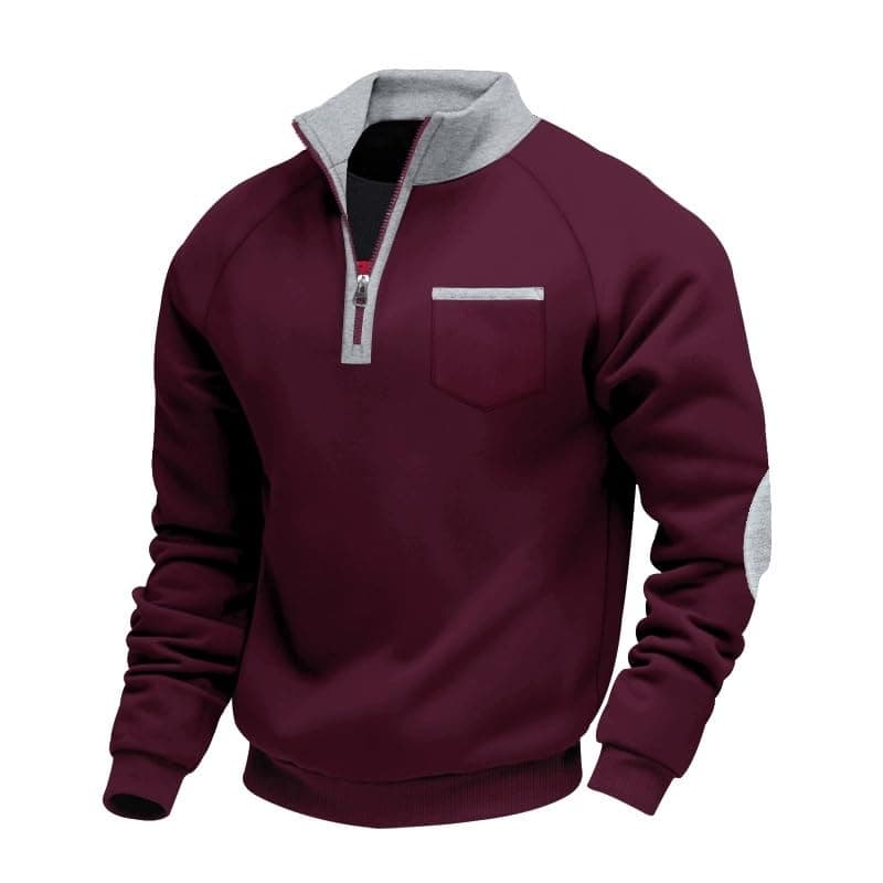 Aulemen Herren Sweatshirt Ohne Kapuze mit Stehkragen Half Zip Pullover Zweifarbiges Design Sweatjacke Atmungsaktiv für Herbst-Winter Basic M-3XL Dunkle Rot M Angebot bei HelloDeals
