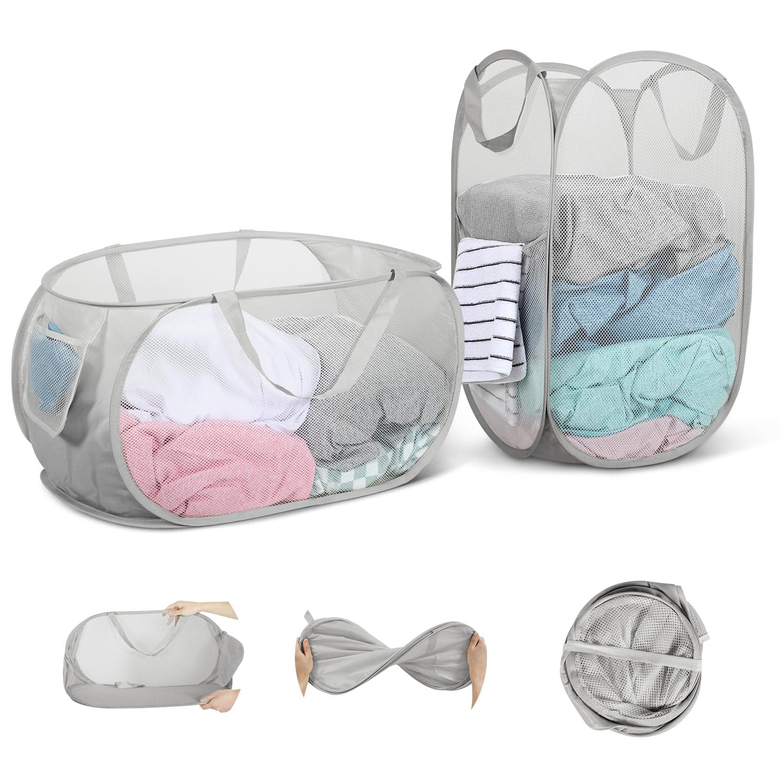 Pop Up Wäschekorb Faltbar 2 Stück aus Netzmaterial (36 * 36 * 58cm) mit Henkel für Badezimmer, Camping, College Dorm und Reisen Grau 1x Quer, 1x Hoch Angebot bei HelloDeals