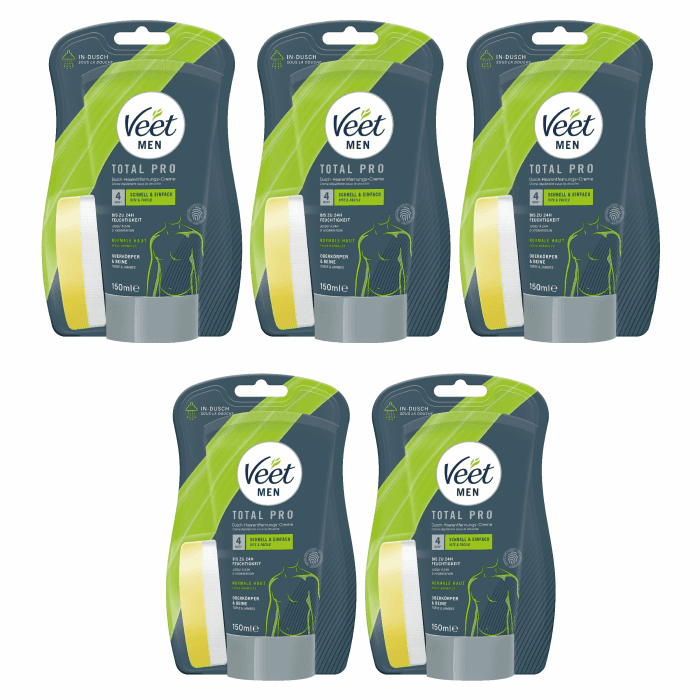 Veet for Men Dusch-Haarentfernungscreme Power Effect – Schnelle & effektive Haarentfernung für Männer in nur 3-6 Minuten – 5 x 150 ml Tube mit Schwamm 150 ml (5er Pack) Angebot bei HelloDeals