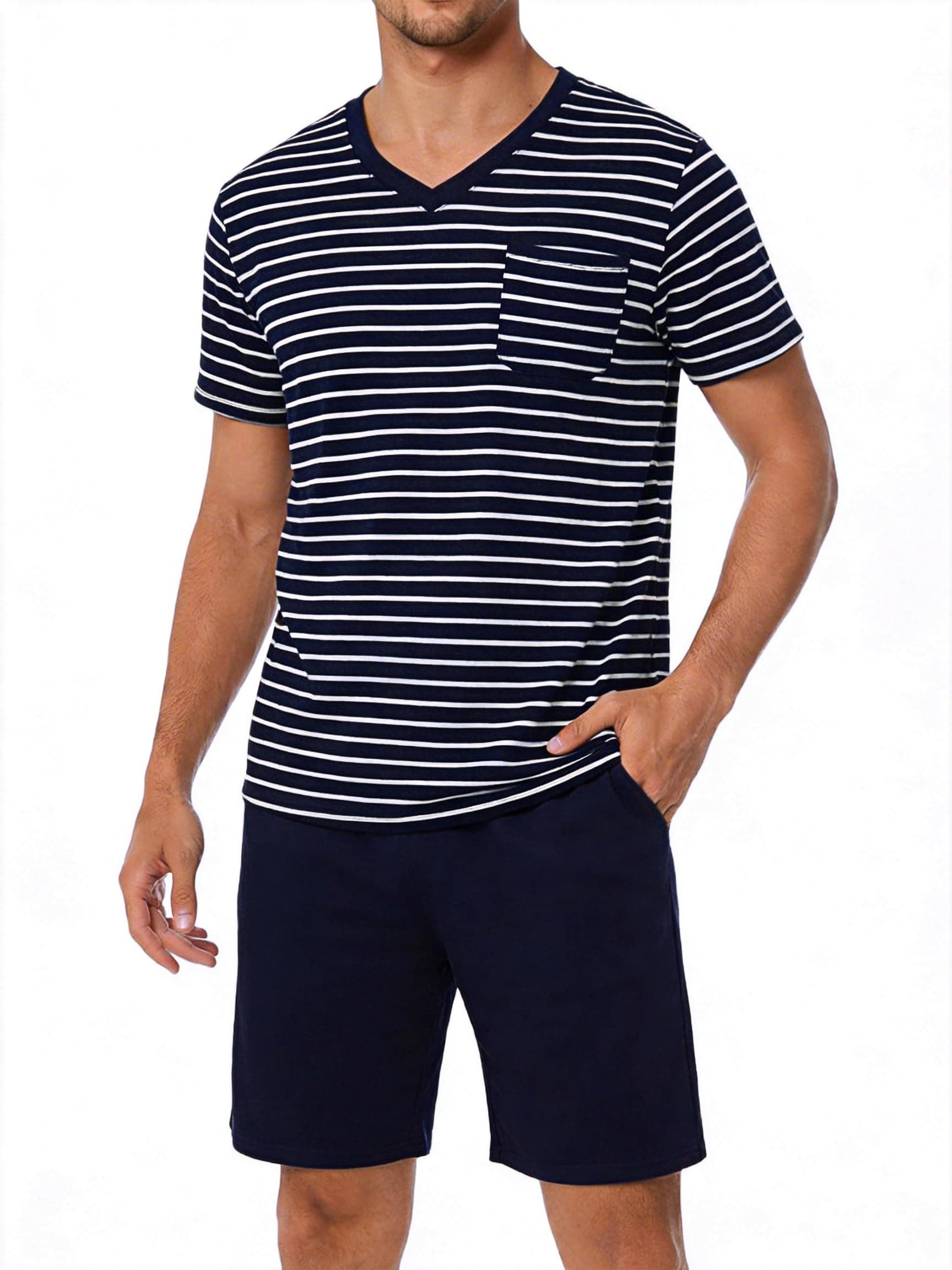 Litherday Schlafanzug Herren Kurz Pyjama Baumwolle Sommer Pyjama Set Kurzarm Zweiteiliger Nachtwäsche Männer Gestreift Marineblau + Weiß XL Angebot bei HelloDeals