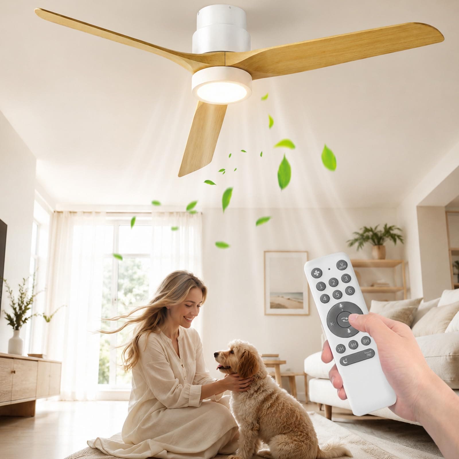 Ateroll 132 CM Deckenventilator mit Beleuchtung und Fernbedienung, Ultraleiser DC-Motor, 3 Blätter, 6 Geschwindigkeiten, 1/4/8H Timer, Dimmbarem LED, Sommer-Winterbetrie für Wohnzimmer Schlafzimmer Hellholzfarbe-deckenmontage Ø 132cm 1 Angebot bei HelloDeals
