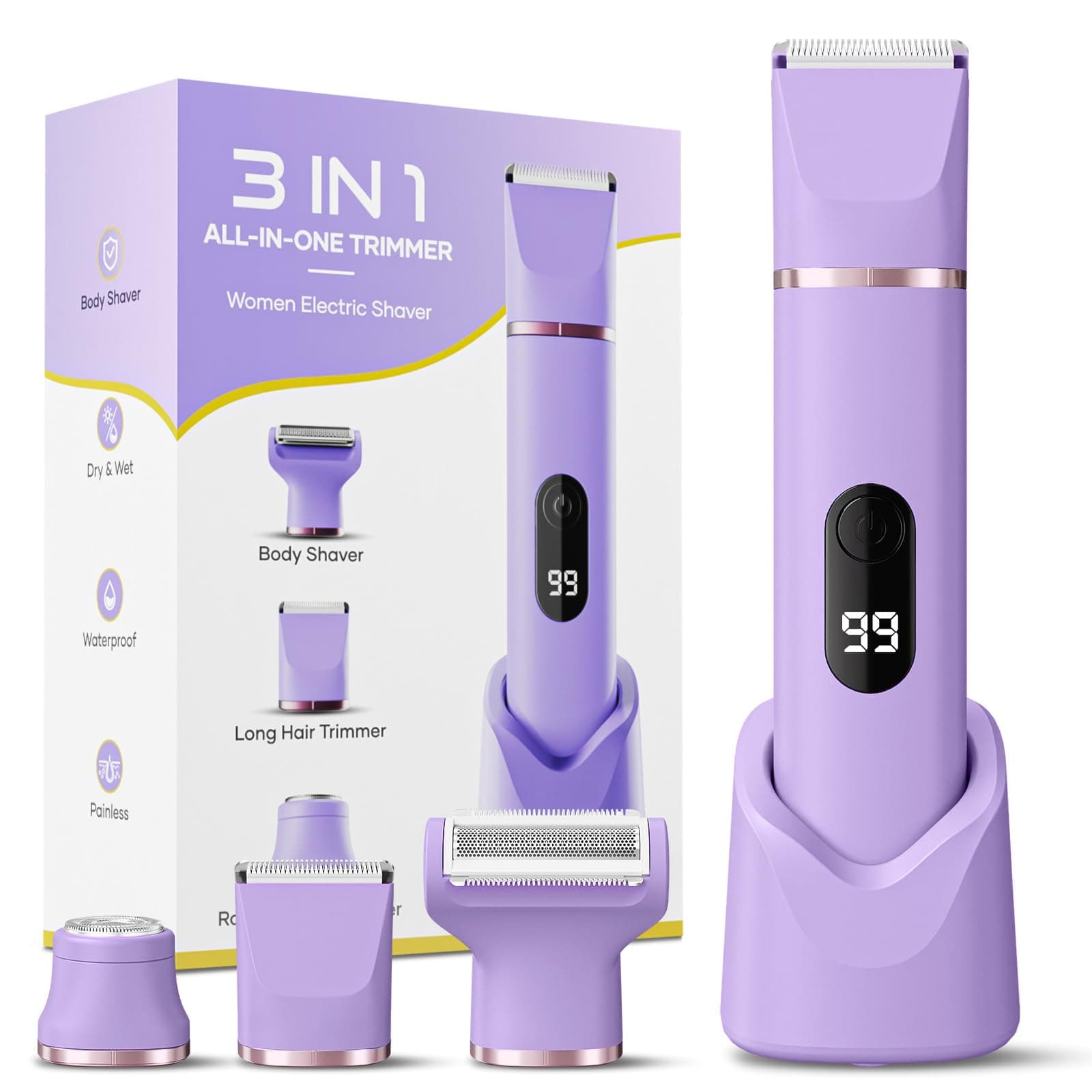 3 in 1 Intimrasierer für Frauen, Tiovara Elektrischer Rasierer Damen für Gesicht Bikinizone Beine, Wasserdicht & Sanft zu Empfindlicher Haut, Nass & Trocken Rasierer mit USB-Aufladung Lila Angebot bei HelloDeals