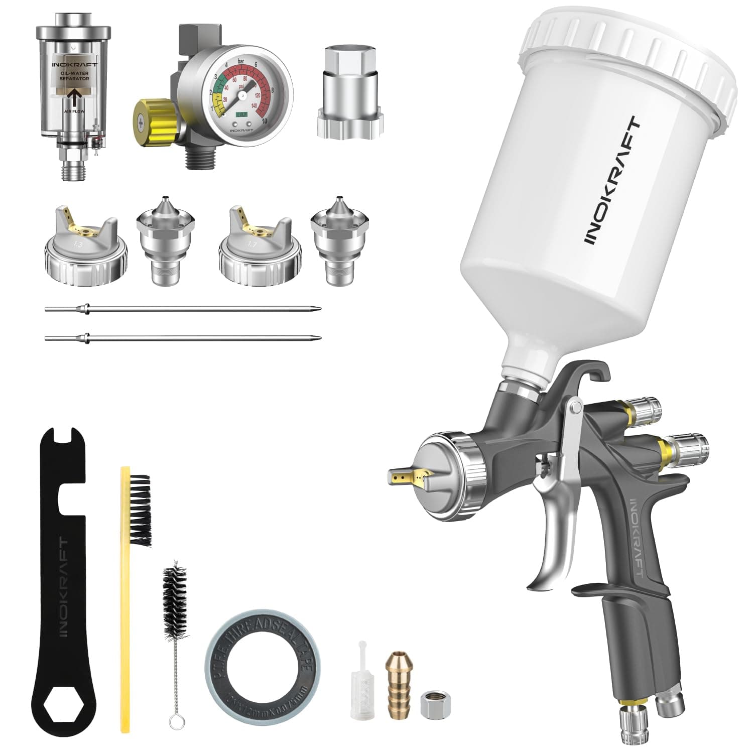 InoKraft Premium D1 LVLP Luftsprühpistolen-Set, einfach zu bedienende Luftspritzpistole für Autos und Zuhause, Düsen 1,3/1,5/1,7 mm, mit Farbsprühzubehör LVLP Luftspritzpistole Premium-Set Angebot bei HelloDeals