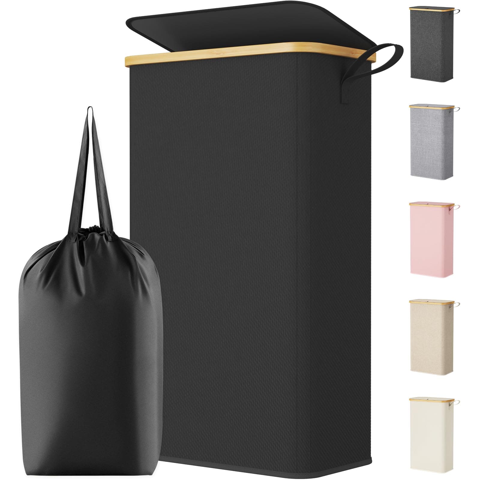 Lifewit 80L Wäschekorb Schmal mit Deckel, Faltbarer Wäschesammler Schmal mit Wäschesack, Laundry Basket Wäscheboxen aus Bambus mit Tragegriff für Apartment, Wohnheim und Wohnwagen, Schwarz Schwarz 80L Angebot bei HelloDeals