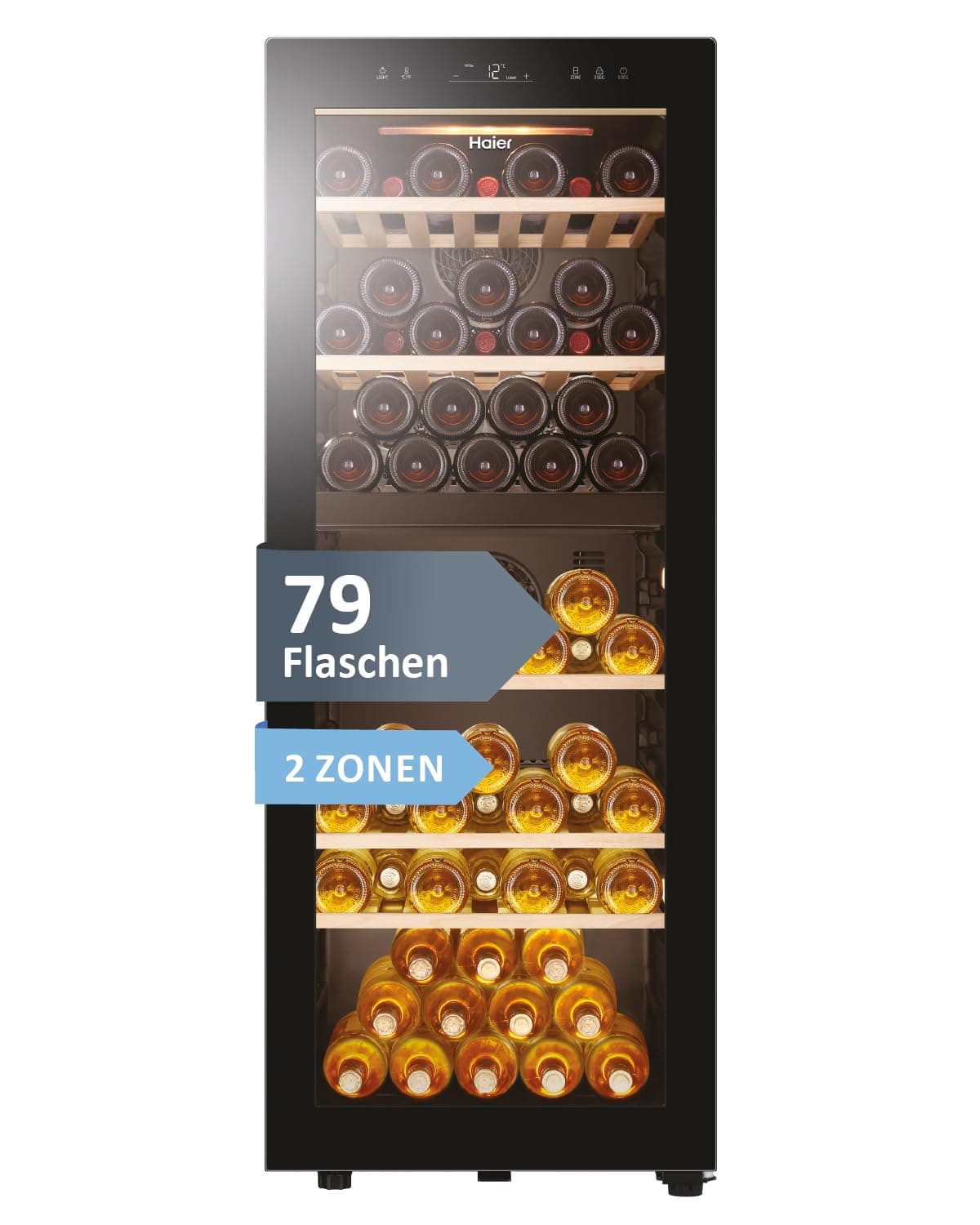 Haier Weinkühlschrank 50 SERIE 5 HWS79GDG I Weinklimaschrank für 79 Flaschen I Neue Technologie für beste Lagerung I Weinkühlschrank 2 Zonen, UV-Glastür & 5 Holzregalen I Wine Fridge vibrationsarm 2 Zonen 79 Flaschen Angebot bei HelloDeals