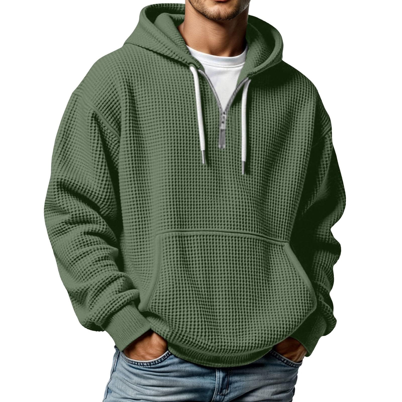 Kapuzenpullover Herren mit Waffelmuster Lässig Lockere Hoodies Taschen Einfarbig Bequem Pullover Alltag Freizeit Sport Kapuzen Sweatshirt Teenager Streetwear A02 Armeegrün L Angebot bei HelloDeals