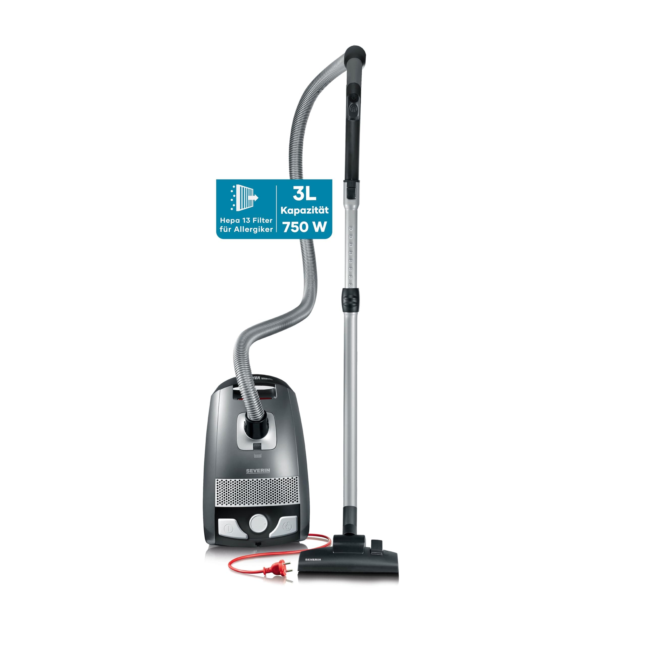 SEVERIN Bodenstaubsauger mit Beutel S'POWER, leistungsstarker & leiser Staubsauger mit 360° Rollen, HEPA 13 Filter, Zubehör für Parkett & Teppich, platingrau - granatrot, BC 7045 3 l Weiß Angebot bei HelloDeals