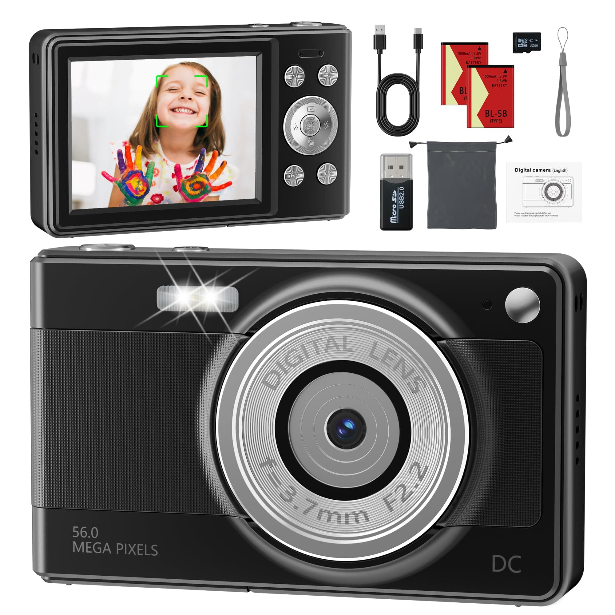 Digitalkamera 56MP 1080P Fotokamera mit 32GB SD-Karte & 2 Akkus, 16-Fach Digitalzoom mit 2,8" LCD-Display, Fotoapparat Kompakt Digitalkamera für Einsteiger, Jugendliche und Studenten, Schwarz Angebot bei HelloDeals
