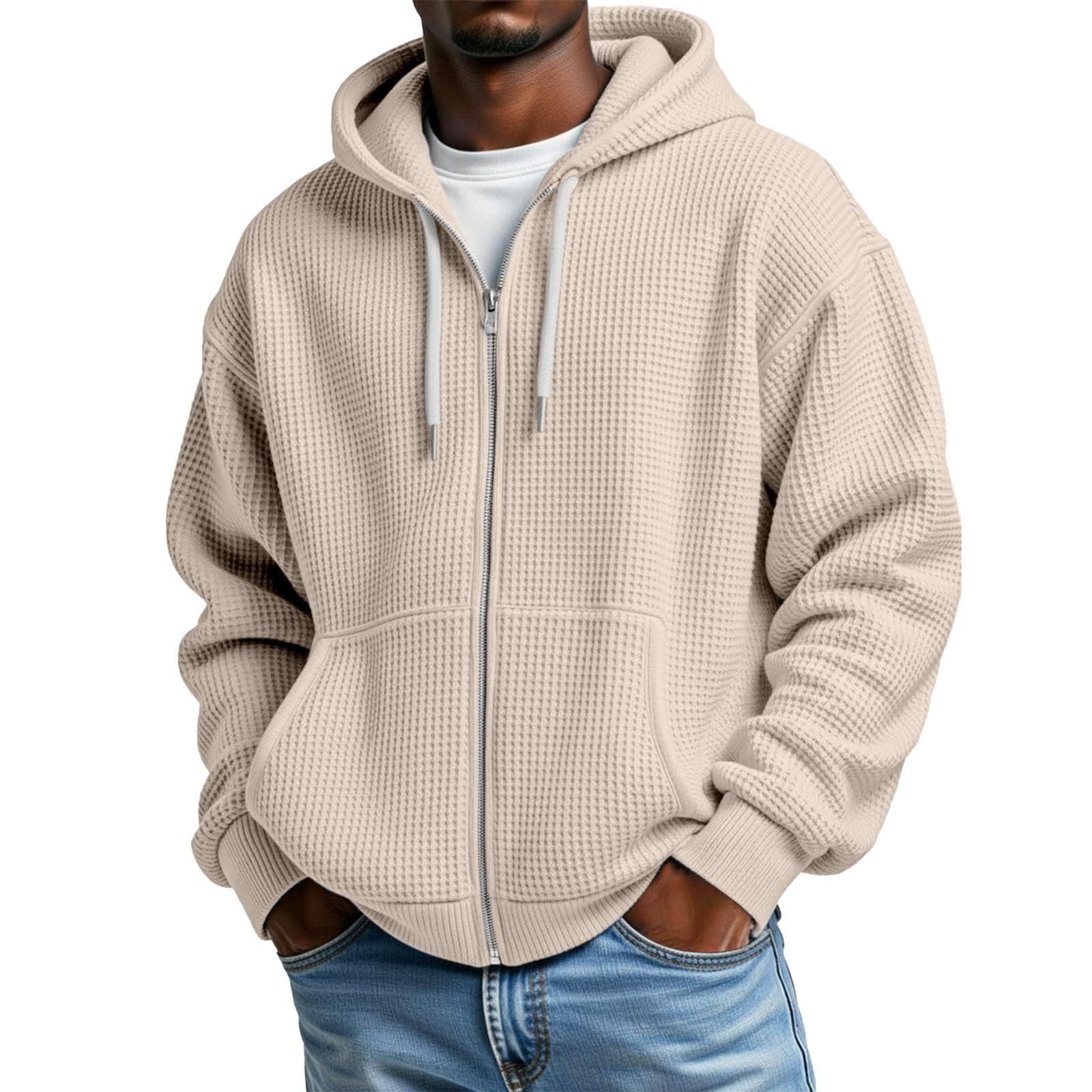 Generisch Sweatjacke Herren Kapuzenjacke Waffelmuster Zipper Hoodie Einfarbig Sweatshirt mit Reißverschluss und Taschen Kapuzenpullover Langarm Kaputzensweatjacke Trainingsjacke #01 Beige S Angebot bei HelloDeals