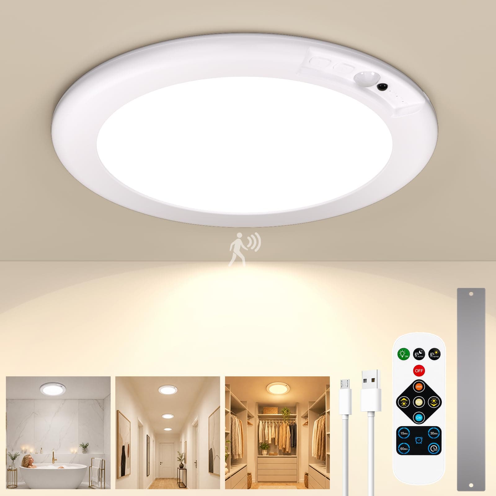 25CM Akku Lampe mit Bewegungsmelder 8000mAh, 3 Sensor Modus & 3CCT Dimmbar Magnetische Deckenlampe ohne Bohren ohne Stromanschluss, Fernbedienung/Timer Wiederaufladbare Deckenleuchte für Keller Flur 25CM-3CCT Angebot bei HelloDeals