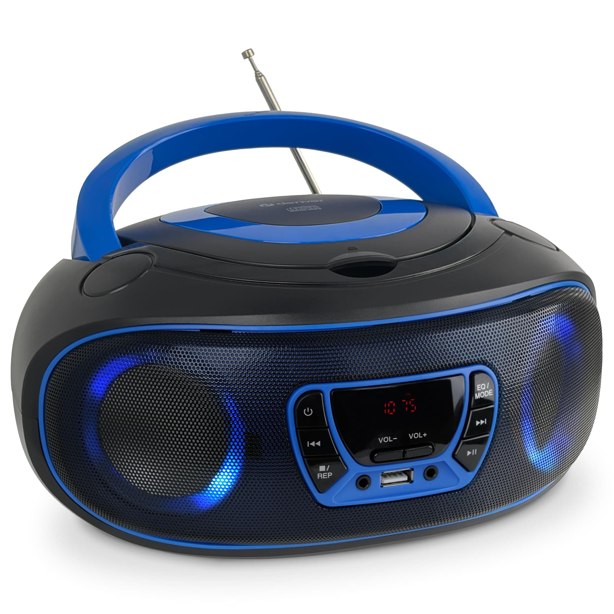 Denver TCL-212BT CD-Player Boombox Bluetooth USB FM-Radio Blau | Toplader, MP3-Wiedergabe, AUX-Eingang, Kopfhöreranschluss, LED-Licht, Netz- oder Batteriebetrieb Schwarz, Blau Angebot bei HelloDeals