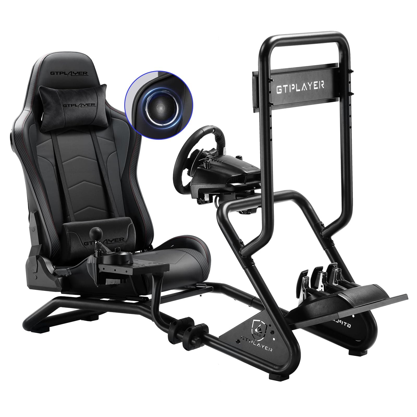 GTPLAYER Simulator Cockpit,Rennsimulator lenkradständer mit 3D-Stereo-Lautsprechern, Monitorhalterung, verstellbarer Lenkradhalterung, Schalthebelhalterung und Fußpedalen (Schwarz) Angebot bei HelloDeals