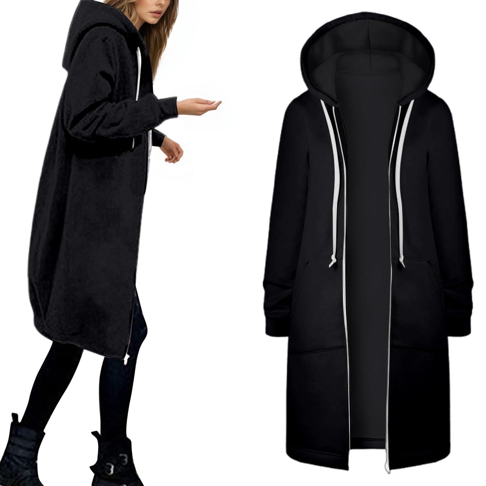 Lang Sweatjacke Damen - Hoodie mit Kapuze Fleecejacke Einfarbig Kapuzenjacke Herbst Winter Übergangsjacke Casual Locker Kapuzenpullover Outwear Mantel Jacke mit Reißverschluss Taschen Y2K Streetwear 01 Schwarz M Angebot bei HelloDeals