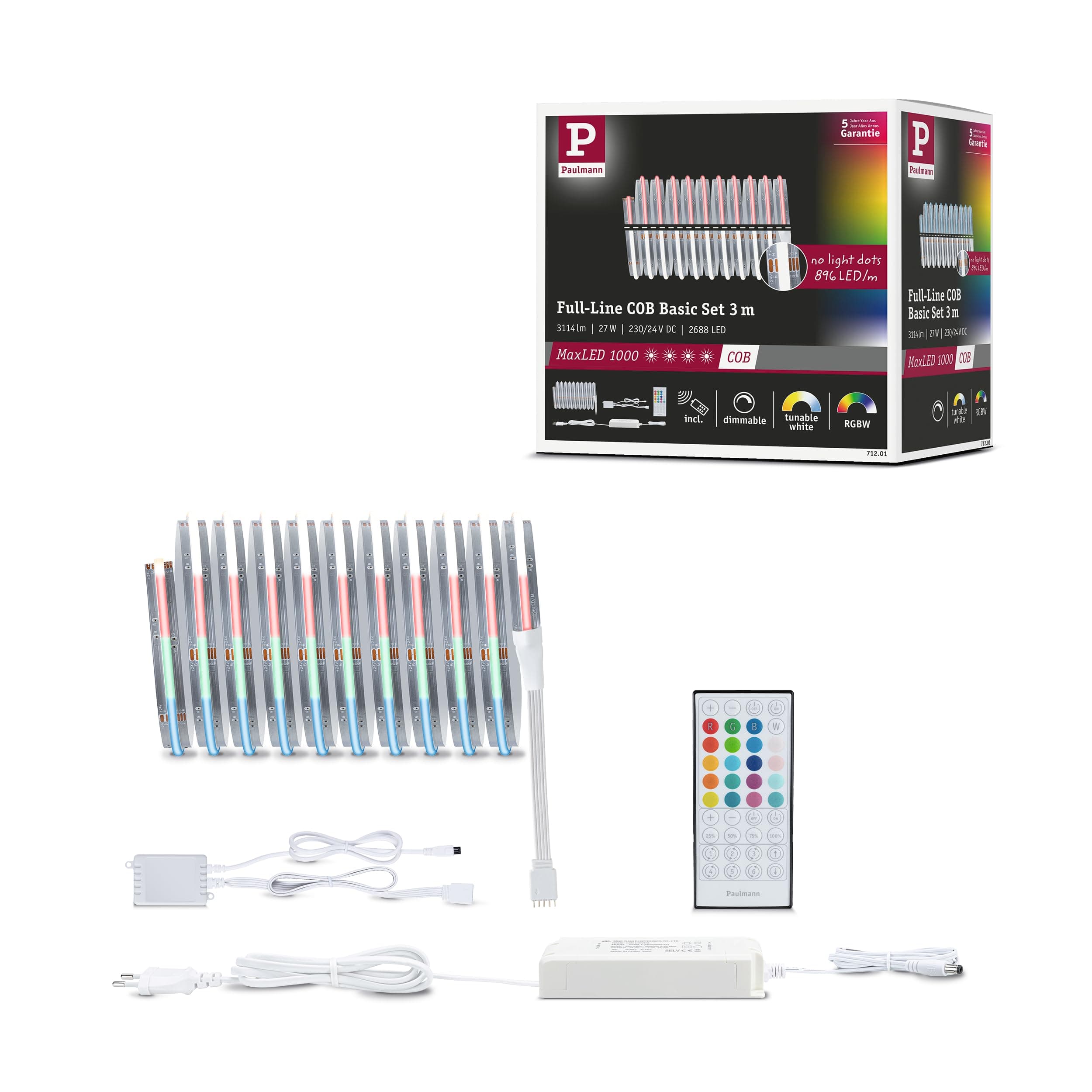 Paulmann 71201 MaxLED 1000 LED Strip Full-Line COB Basisset 3m 27W 1038lm/m 896 LEDs/m RGBW 60VA Angebot bei HelloDeals