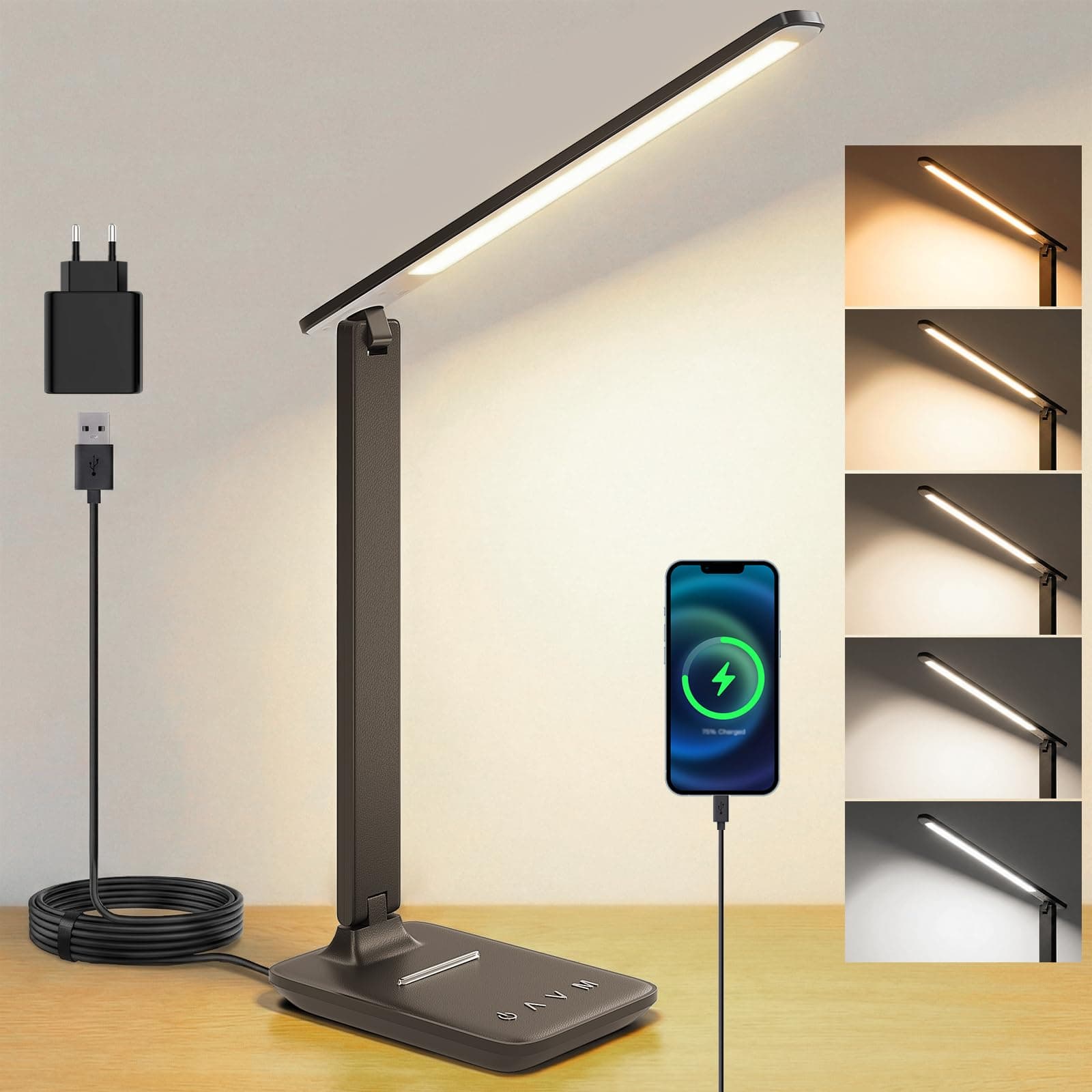 Schreibtischlampe LED Dimmbar für Büro, Lesen und Homeoffice | Tischlampe mit Augenschutz, USB-Ladeanschluss, 5 Farbtemperaturen & 5 Helligkeitsstufen, Touch-Steuerung, faltbare Leselampe Black Angebot bei HelloDeals
