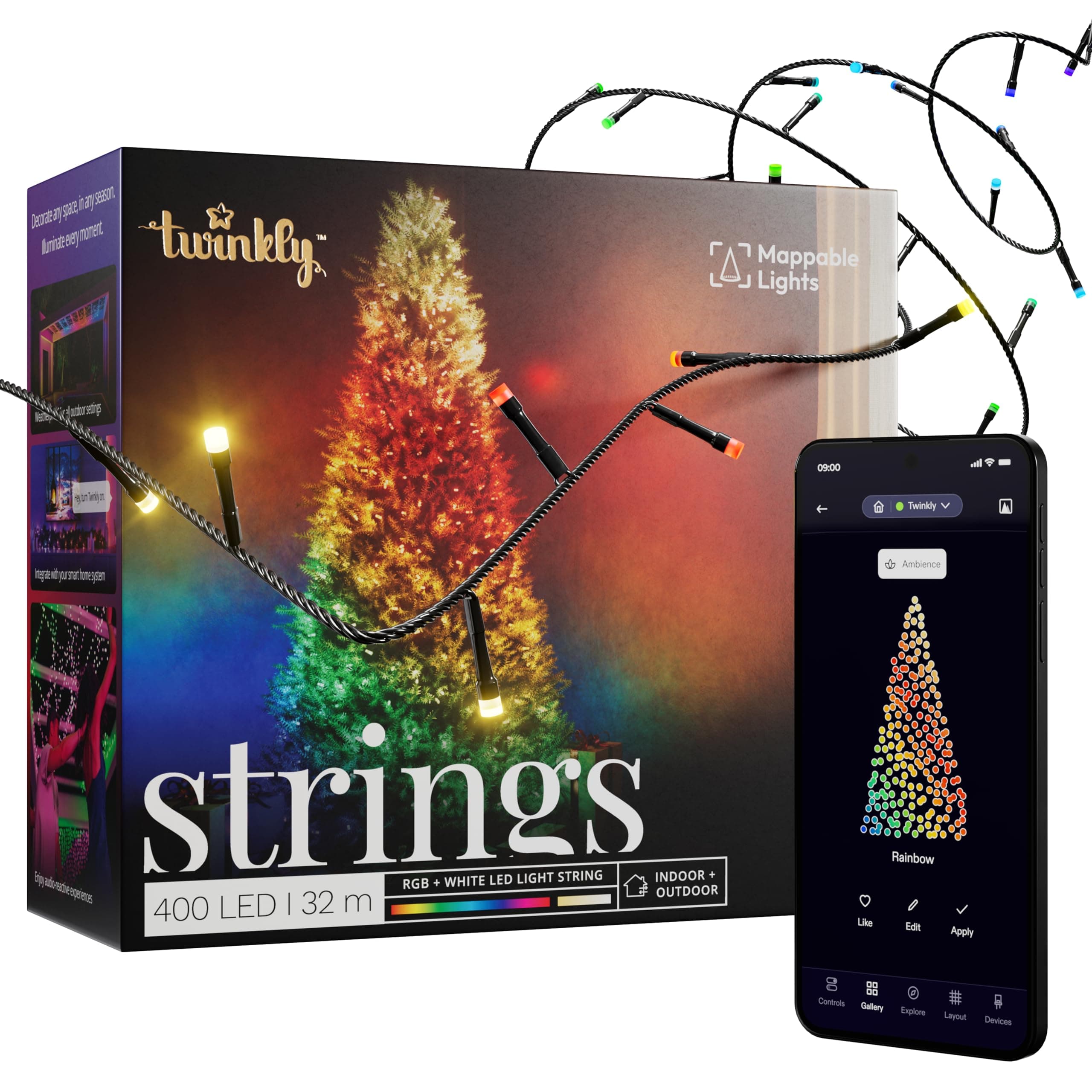Twinkly Strings 400 LED RGB+ Weiß, LED-Lichterkette, Smarte LEDs für den Innen- und Außenbereich, Kompatibel mit Alexa und Google Home, IP44, App-Steuerung, Schwarzes Kabel, 32m Led Rgb+weiß 32 m Schwarze Schnur Angebot bei HelloDeals