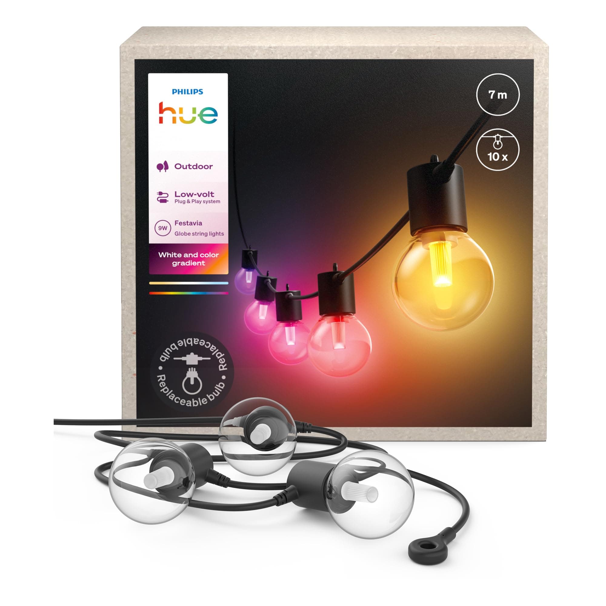Philips Hue Festavia Globe Außenlichterkette, White & Color Ambiance, 7 M LED Lichterkette, 10 Lampenkugeln, dimmbare Gartenbeleuchtung funktioniert per Hue App, Alexa, Google Assistant, Apple Home 7m Angebot bei HelloDeals